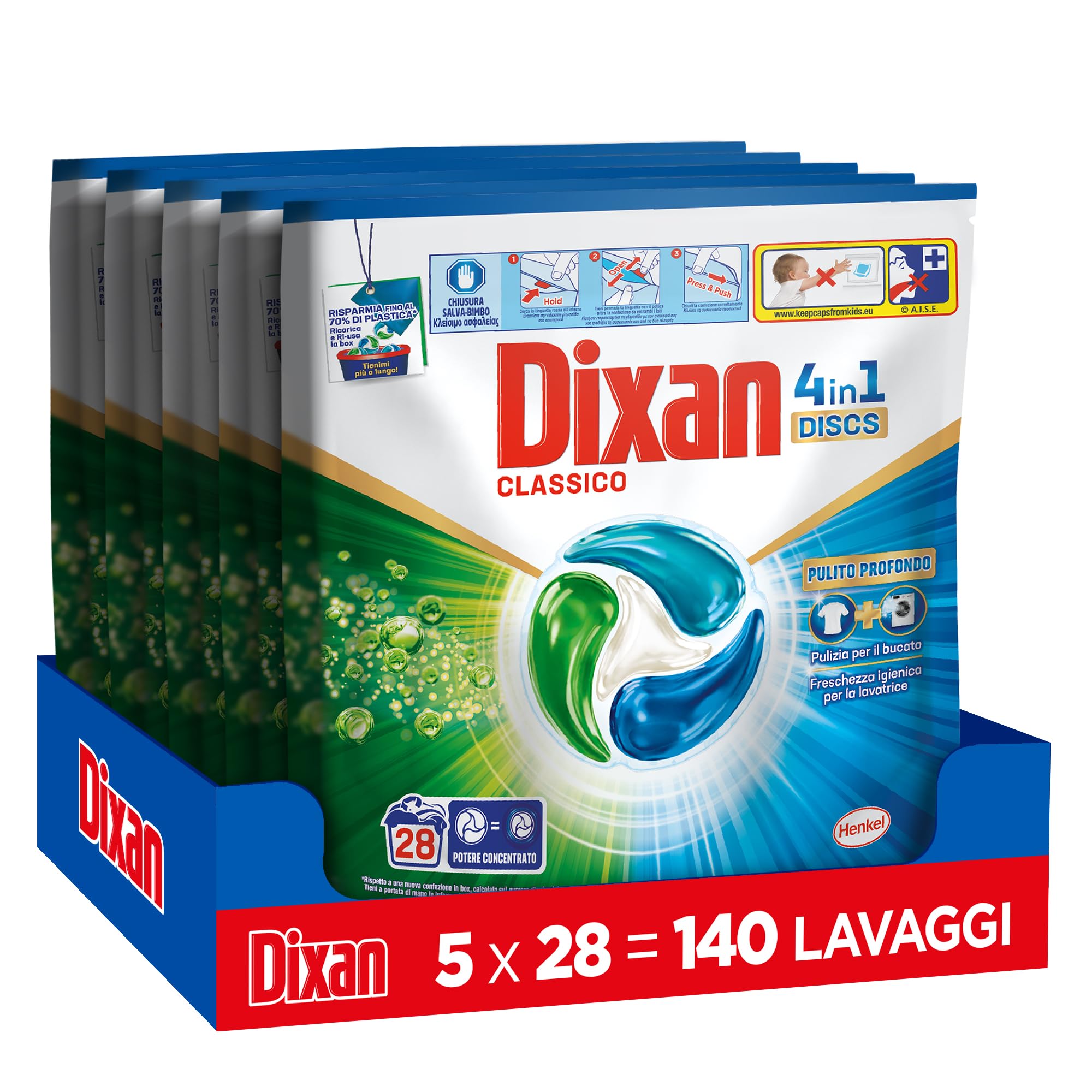 Dixan DISCS 4in1 Classico Detersivo Lavatrice, 5 confezioni da 28 Lavaggi, Capsule lavatrice per una pulizia profonda del bucato e freschezza igienica per lavatrice, Rimuove le macchie da 20°C