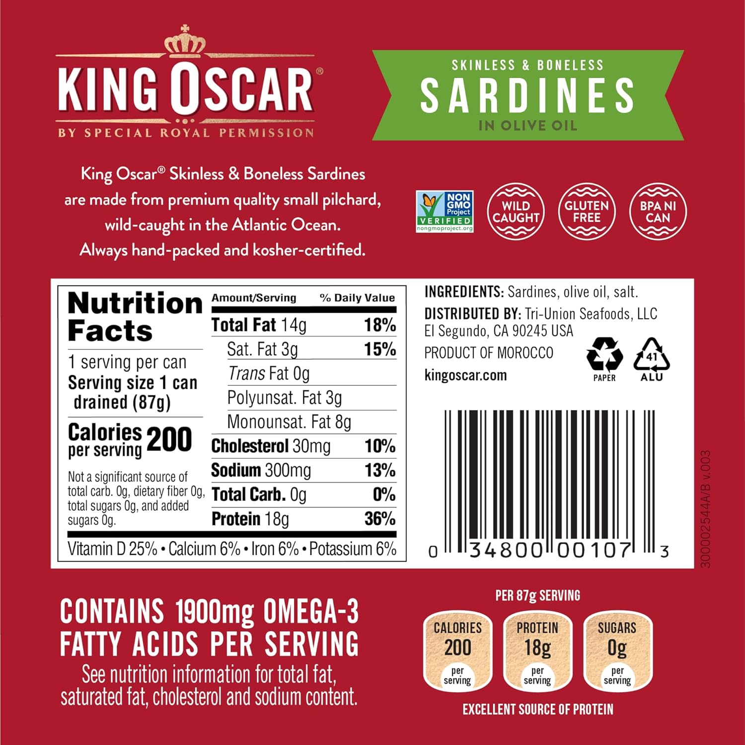 King Oscar Sardines in Olive Oil, 4.38 Ounce Cans (Pack of 12, Packaging May Vary), Skinless & Boneless, Wild Caught Canned Sardines