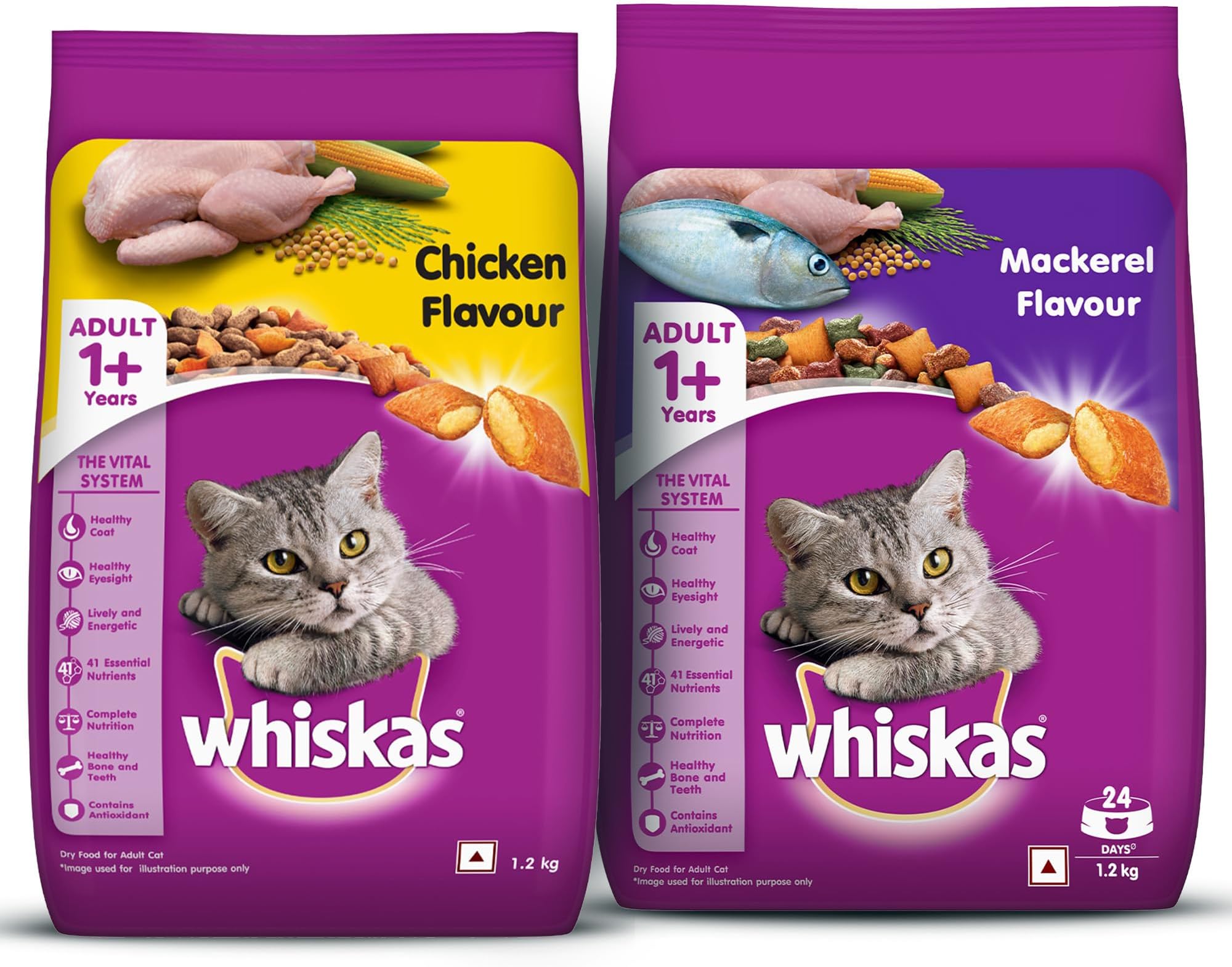 Whiskas Adult (+1 Year) Dry Cat Food, Chicken Flavour, 1.2kg Pack & Whiskas Adult (+1 Year) Dry Cat Food, Mackerel Flavour, 1.2kg Pack