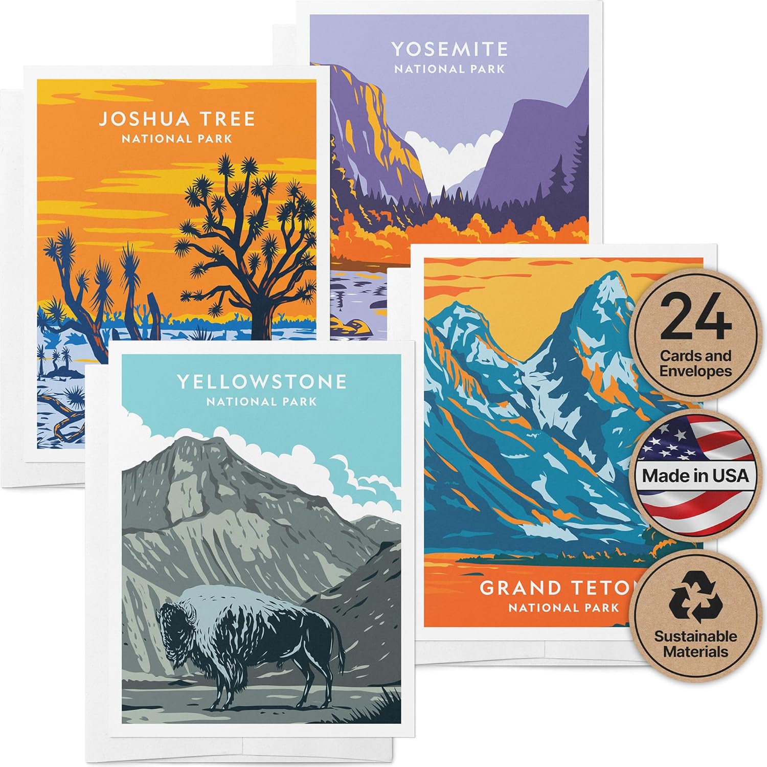 Twigs Illustrated National Park Greeting Cards – 24 Vintage-Style, Blank Cards and Envelopes, 5.5 x 4.25 In. – FSC-Certified, Eco-Friendly Stationary Set – Assorted Greeting Cards for All Occasions