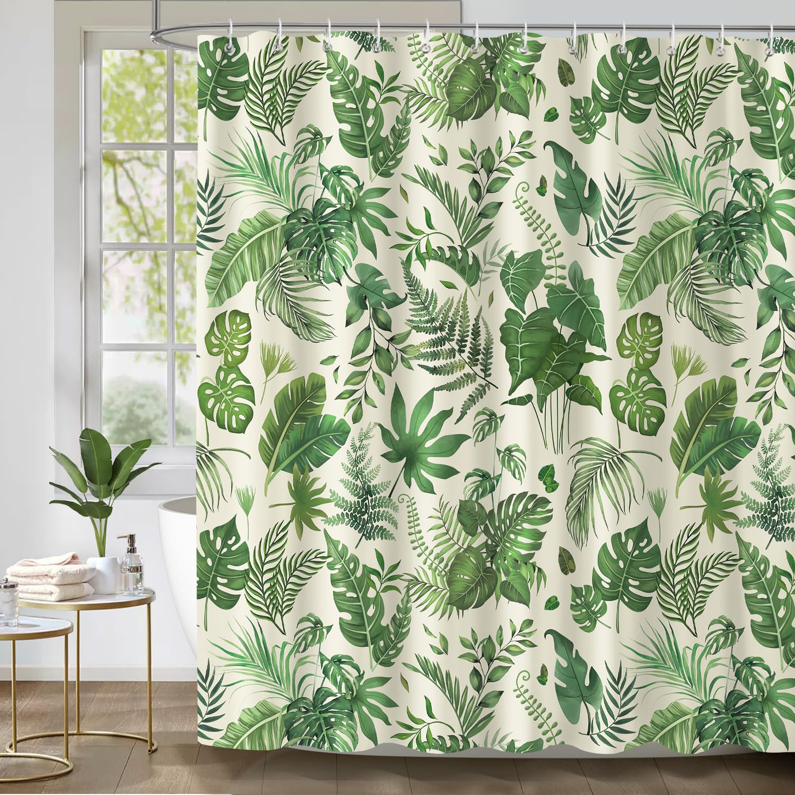 Dazzlewall Green Leaf Shower Curtain for Bathroom Mould & Mildew Resistant
