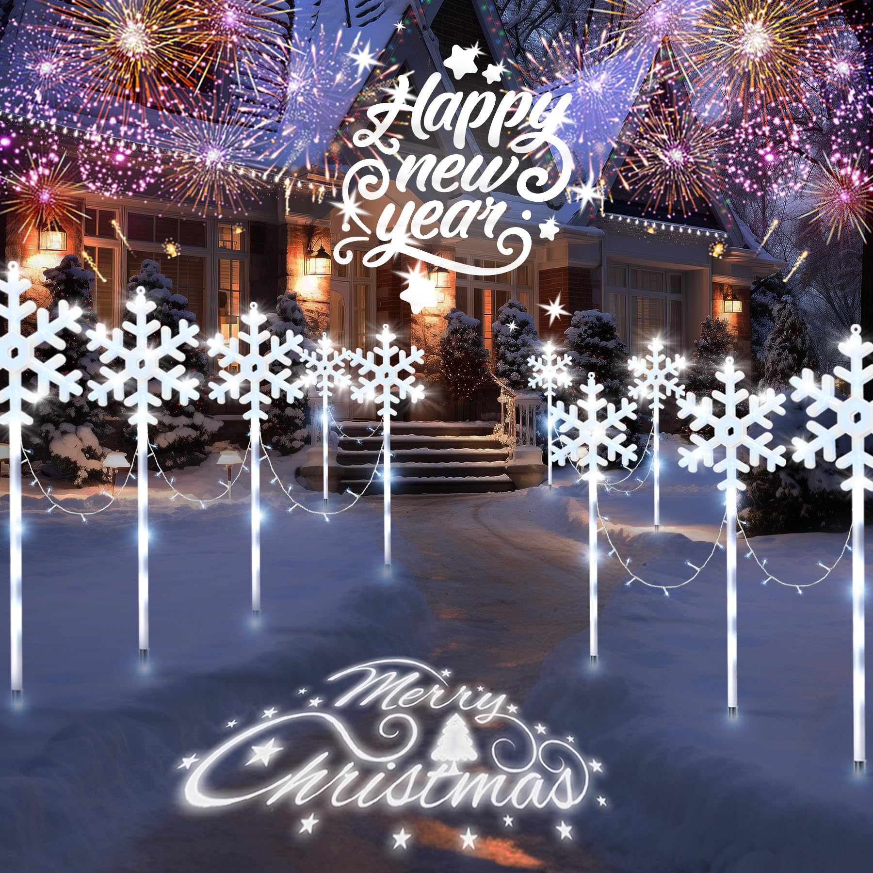 VEEKAY 10 Pièces Decoration Noel Lampe Solaire Exterieur,8 modes de canne à sucre éclairée solaire,Flocon de Neige Lumières de Noël,Étanches,Marqueur De Chemin De Noël pour Terrasse Cour Cadeaux