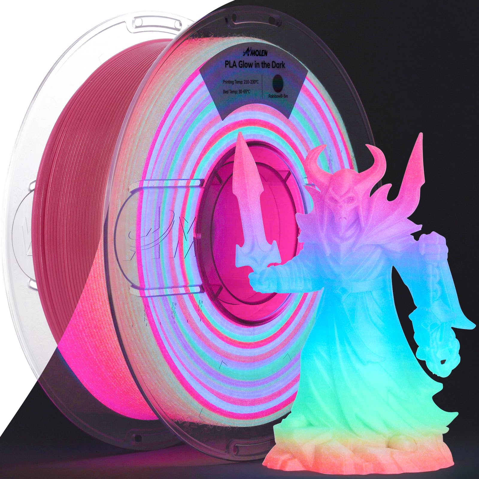 AMOLEN PLA Filament Glow in The Dark, Rainbow 5M Red, Blue, Green, Orange, Multicolor Fast Change 3D Printer Filament 1.75mm, Best with UV Lamps, 1KG