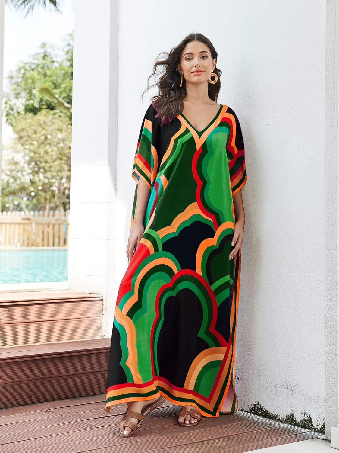 Women's Plus Size Loose Fit Moroccan Print V-Neck Batwing Kaftan Beach Dress Bathing Suit Cover Up - Image 4