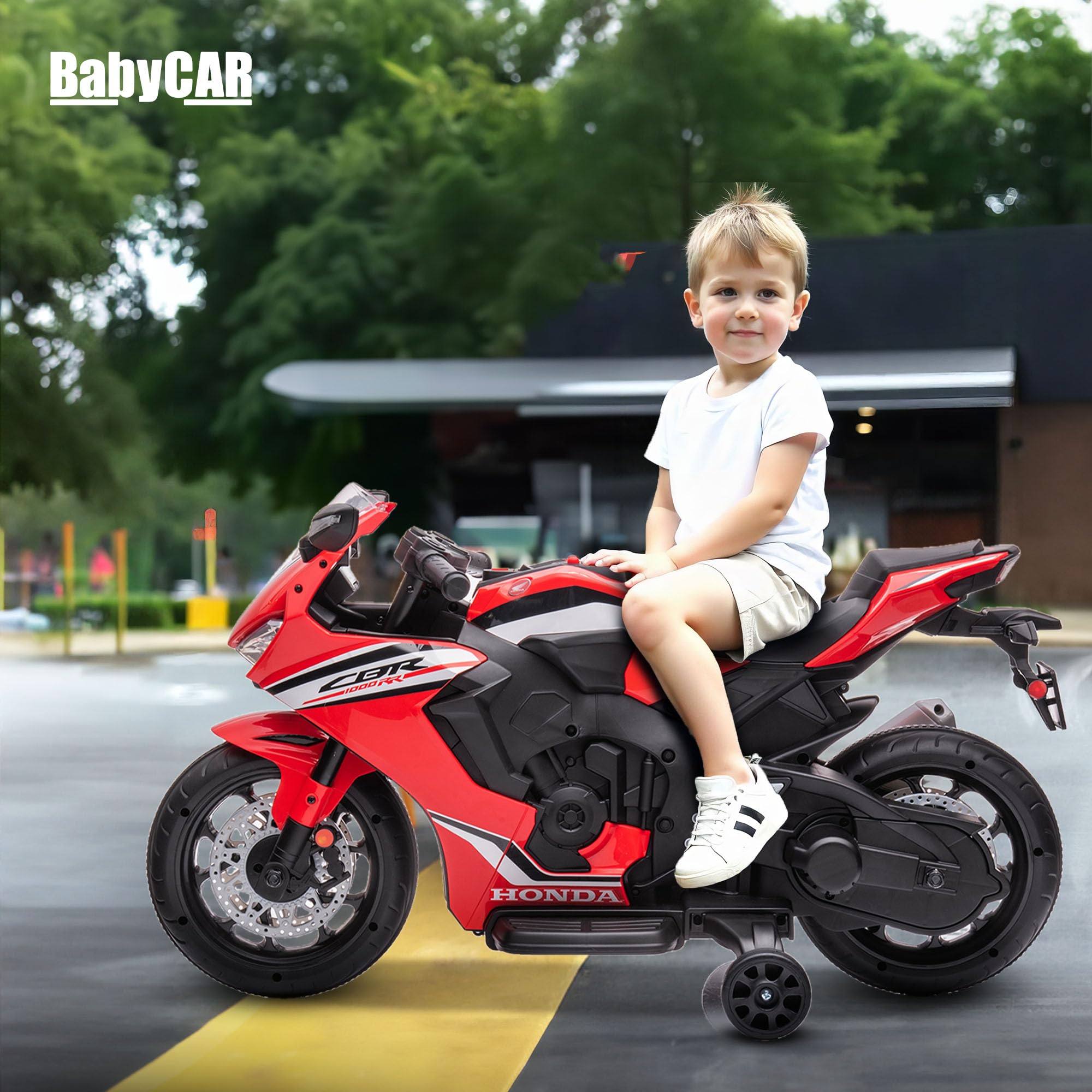 BabyCar Moto Elettrica Bambini Honda CBR 12V | Moto Elettrica Bambini 3-5 Anni con Luci, Suoni e Rotelle Stabilizzatrici | Batteria 12V 3,5Ah, Motore 30W e Acceleratore a Pedale | Rosso