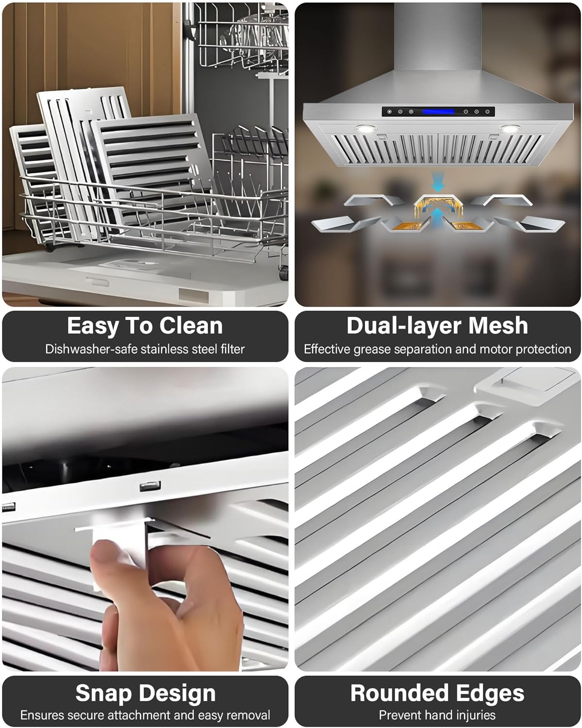 36 inch Stainless Steel Wall Mount Range Hood - 900 CFM, Ultra-Quiet 4-Speed Vent, Touch/Remote Control LCD, LED Lights, Ducted/Ductless Convertible
