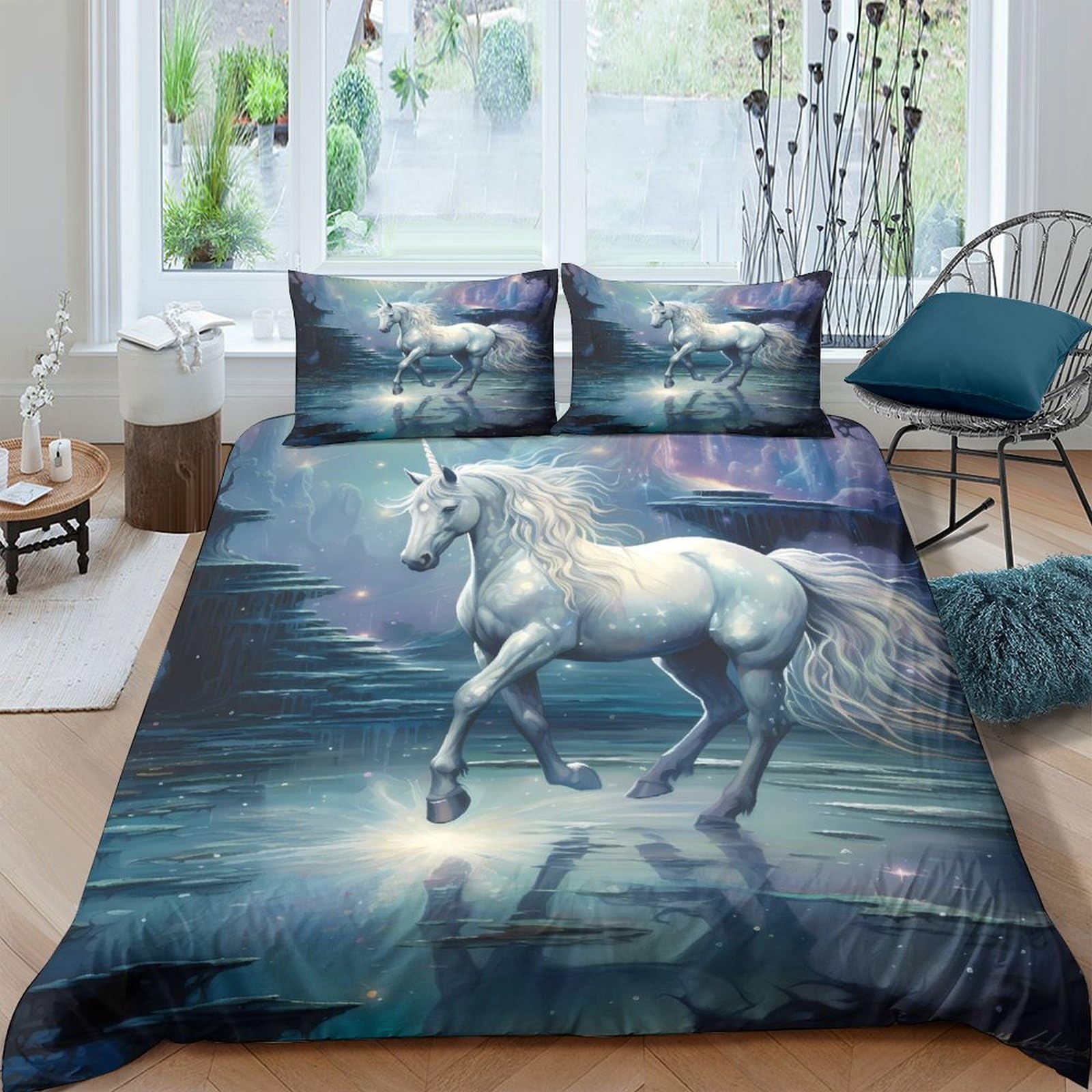 GPLZQXKJNH 3D Printed White Unicorn Duvet Cover Microfiber Soft Breathable Fantasy Lake Bedding Set with 2 Pillowcases for Bedroom Single（135x200cm）