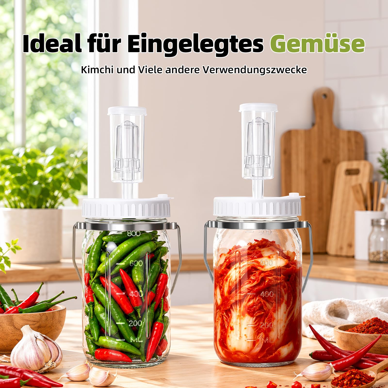 Mittimiya Lot de 2 bocaux de fermentation avec poignée de transport, pots de fermentation avec poids de fermentation, valve de fermentation et étiquettes, pour choucroute, kimchi, kombucha (800 ML)