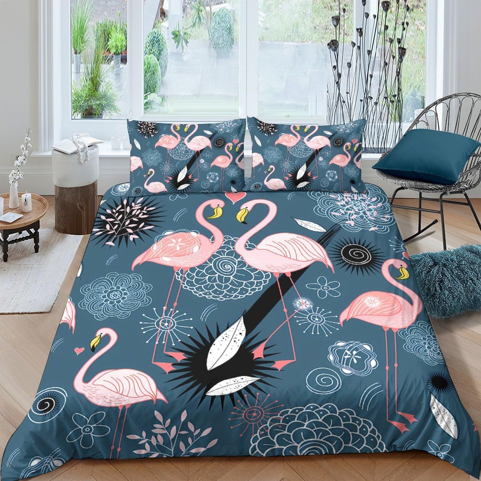 Ctjqhvkz Style-7 3D Printed Flamingo Pattern Fitted Sheet Microfiber Soft Blue Bed Sheet Tropical Leaves Mattress Cover For Bedroom Single（135X200cm）