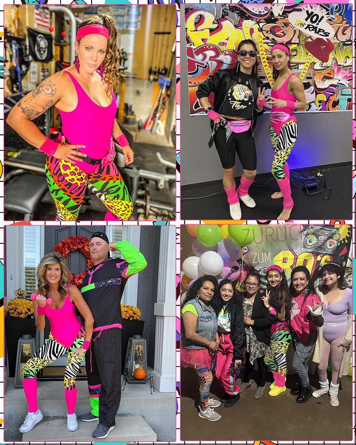 80er Jahre Outfit Damen Set Retro Trainingsanzug Kostüm 80s 90s Kleidung Kostüm Accessoires Clothes Trikot, Leggings, Stirnband, Armbänder, Beinwärmer, Ohrringe, Gürteltasche