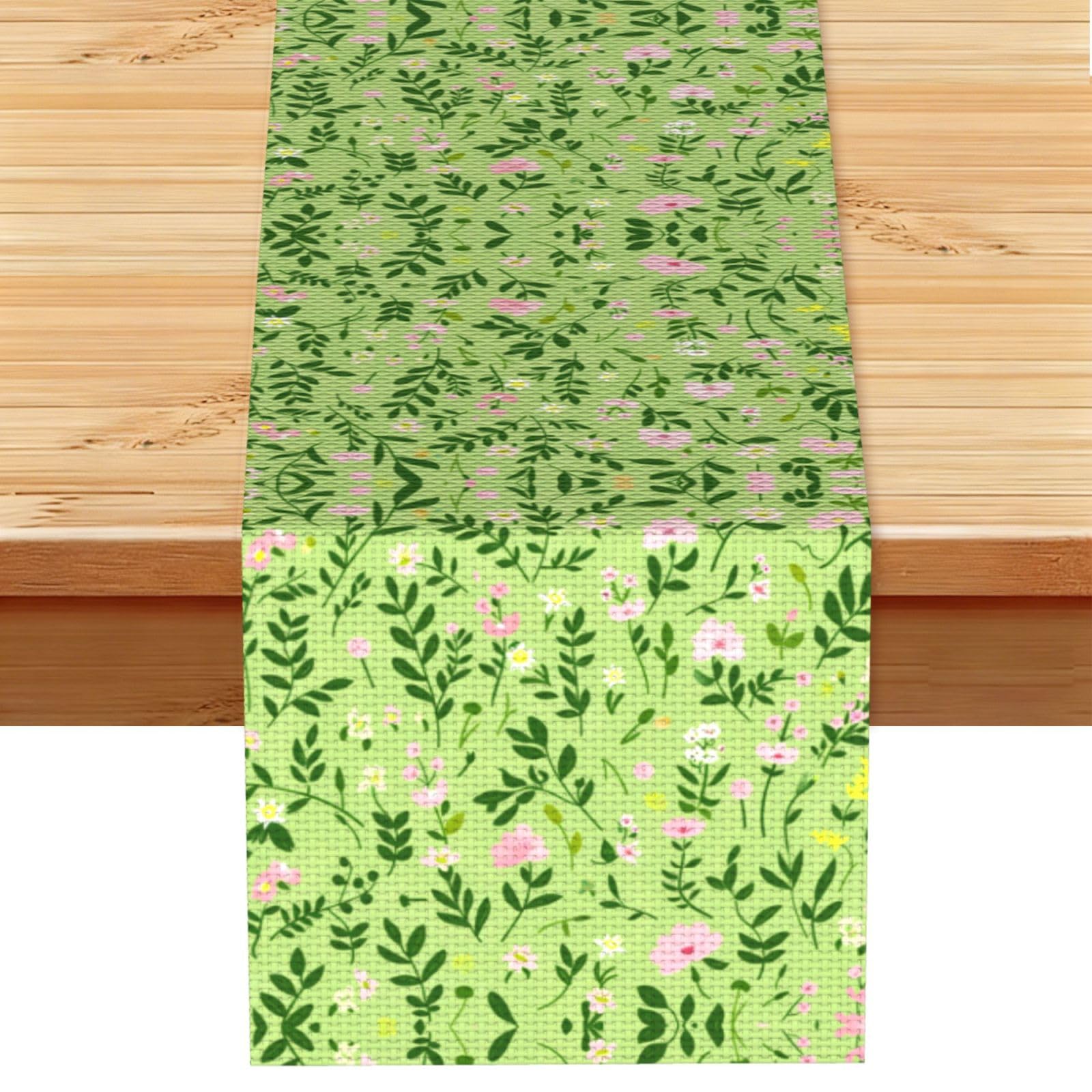 Delicate Green Floral Printed Table Runner 13 x 72, Wrinkle Resistant Decor for Dining Table Coffee Table Fireplace