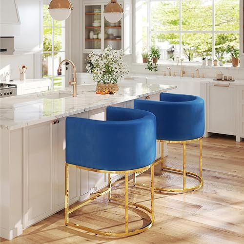 Juego de 2 taburetes tapizados de tela de terciopelo modernos de 24 pulgadas con marco de metal con acabado dorado, azul marino