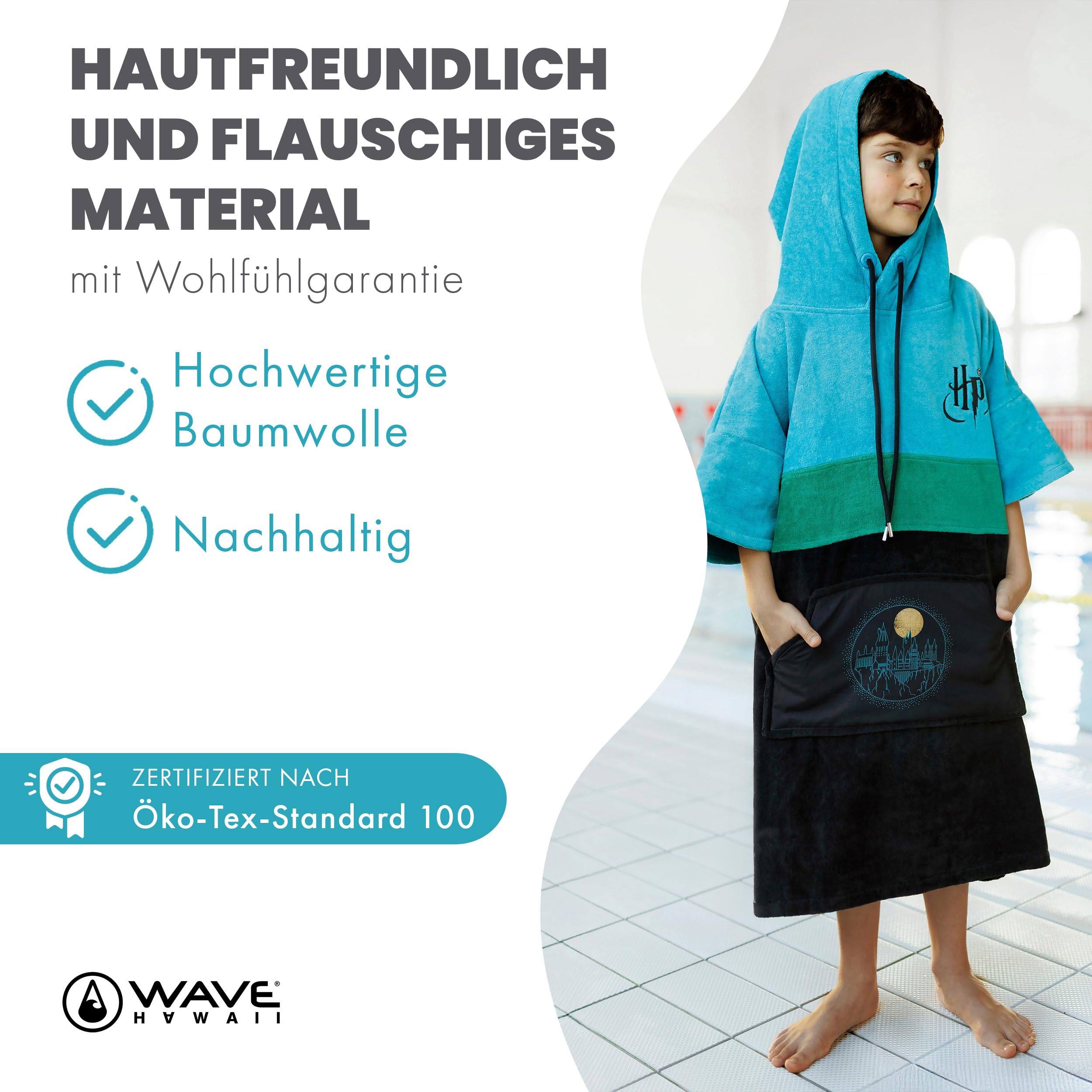 WAVE HAWAII Poncho kąpielowe damskie i męskie, rozmiar S, 151–173 cm | Poncho surfingowe dla dorosłych z bawełny 95–100%, chłonny ręcznik frotte, poncho do przebierania