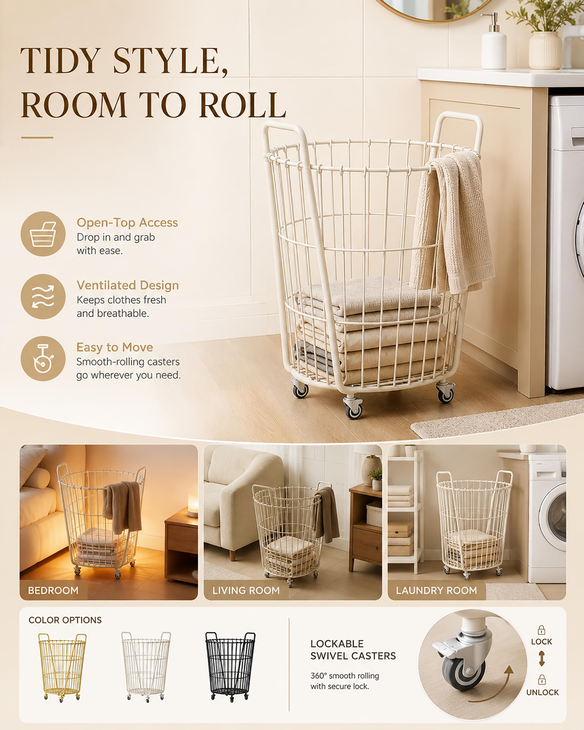 Panier À Linge Corbeille A Linge En Métal À Roulettes, Corbeille De Rangement​ Avec Poignées, Rangement, Linge, Vêtements, Pour Buanderie, Salle De Bain,Bac A Linge Sale