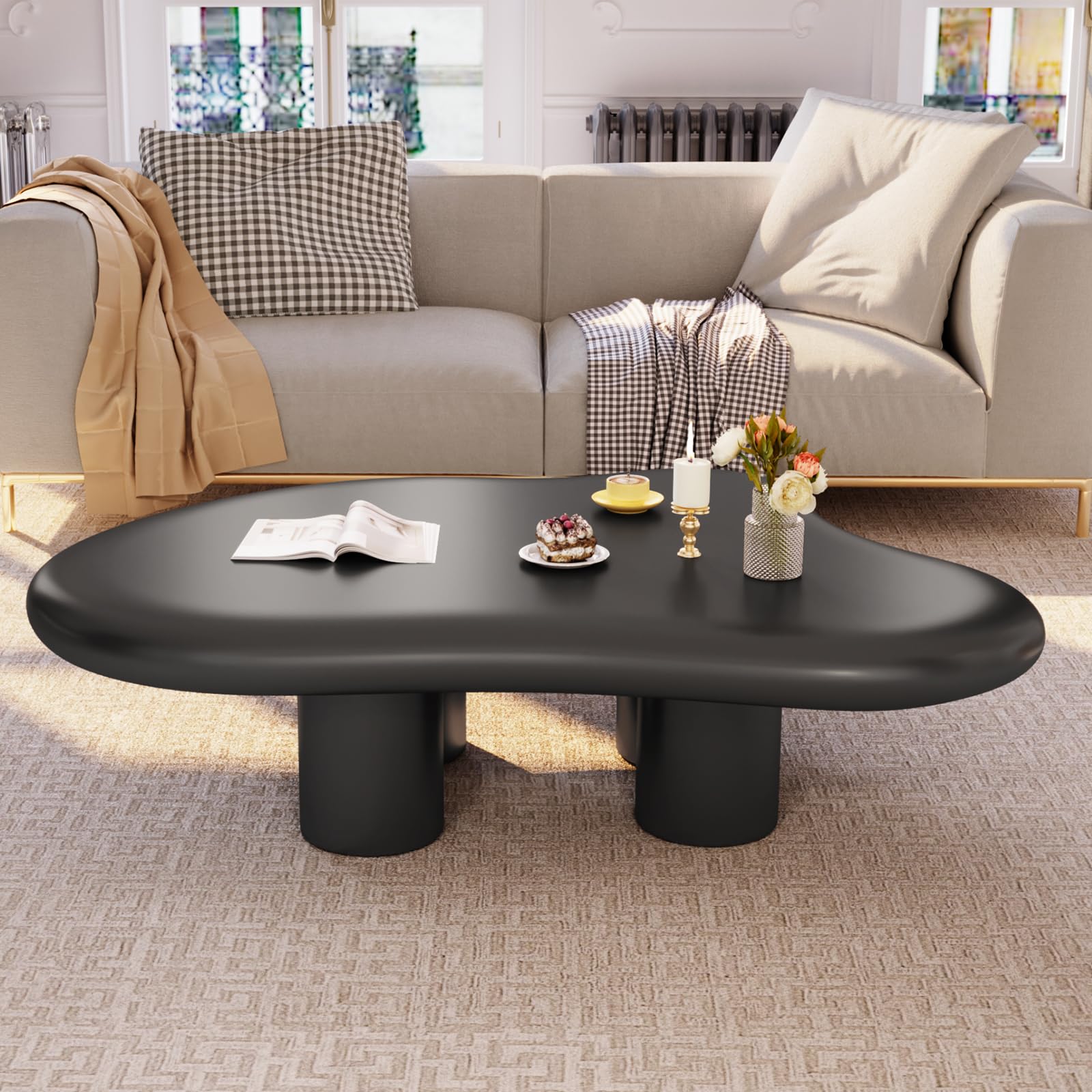 GraceNook 46.06" Black Large Cloud Coffee Table, Modern Round Edge Coffee Table with 4 Sturdy Support Legs and 2.67" Thick Tabletop,Easy Match for