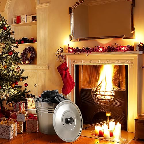 Miniatura 6 de LIFKOME Cubo de ceniza de 1.8 galones para chimenea con tapa, chimenea de acero inoxidable, cubo de ceniza de metal con tapa, lata de ceniza de