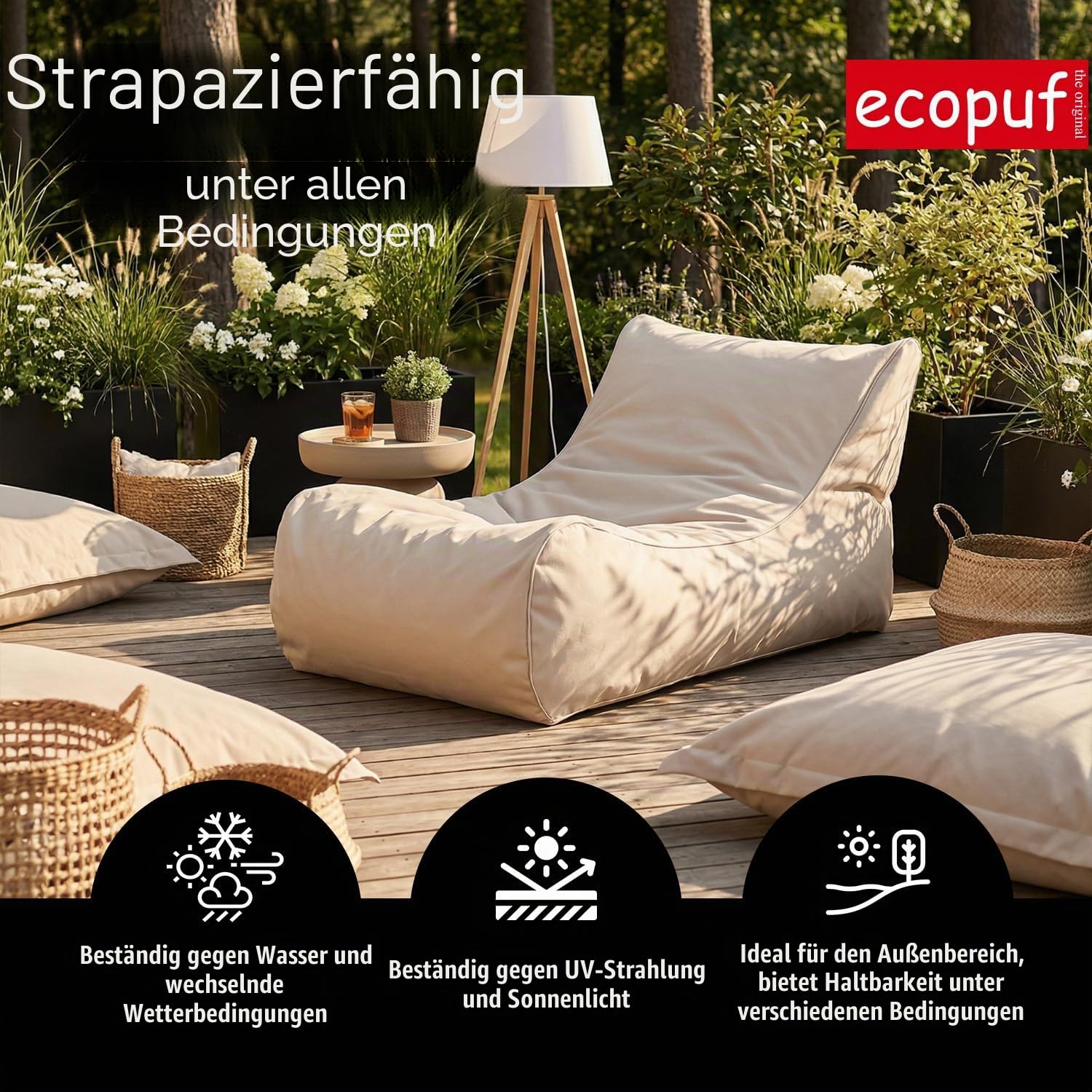 Ecopuf Wetterfester Outdoor Sitzsack Master Chaise Longue - Sitzsack mit Staufach und Griff - Wasserfester Stoffsack - Entspannungssessel - Wohnungseinrichtung - 115x65x60cm, Hellblau M6