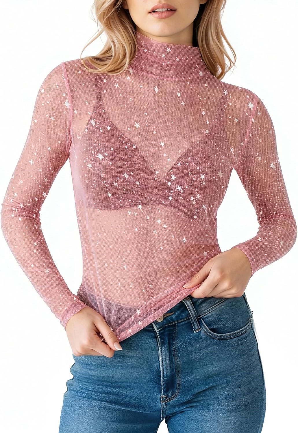 MANGOPOP Women's Glitter Mesh Top Long Sleeve Sexy See Through Sheer Stretchy Sparkly Going Out Tops