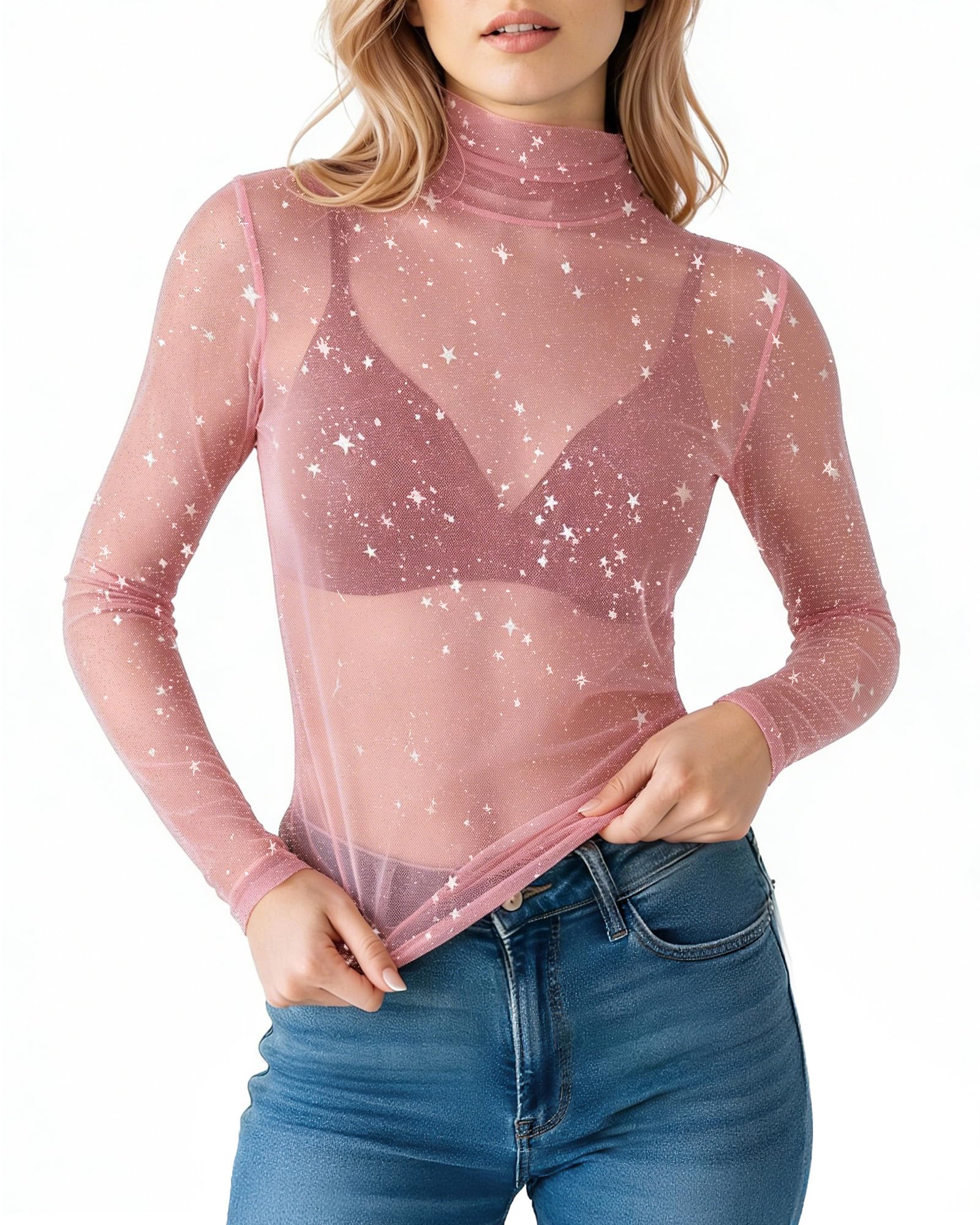 Sequined Sheer Mesh Long Sleeve Short Sleeve T-Shirt, Coral, L-image-49