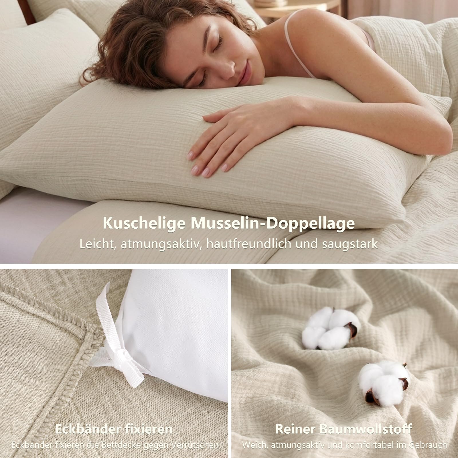 RUIKASI Musselin Bettwäsche 135x200 4teilig - Oeko-TEX Baumwolle Bettwäsche-Sets Beige mit Reißverschluss, atmungsaktive Sommer Bettbezug mit 2 Kissenbezüge 80x80 cm