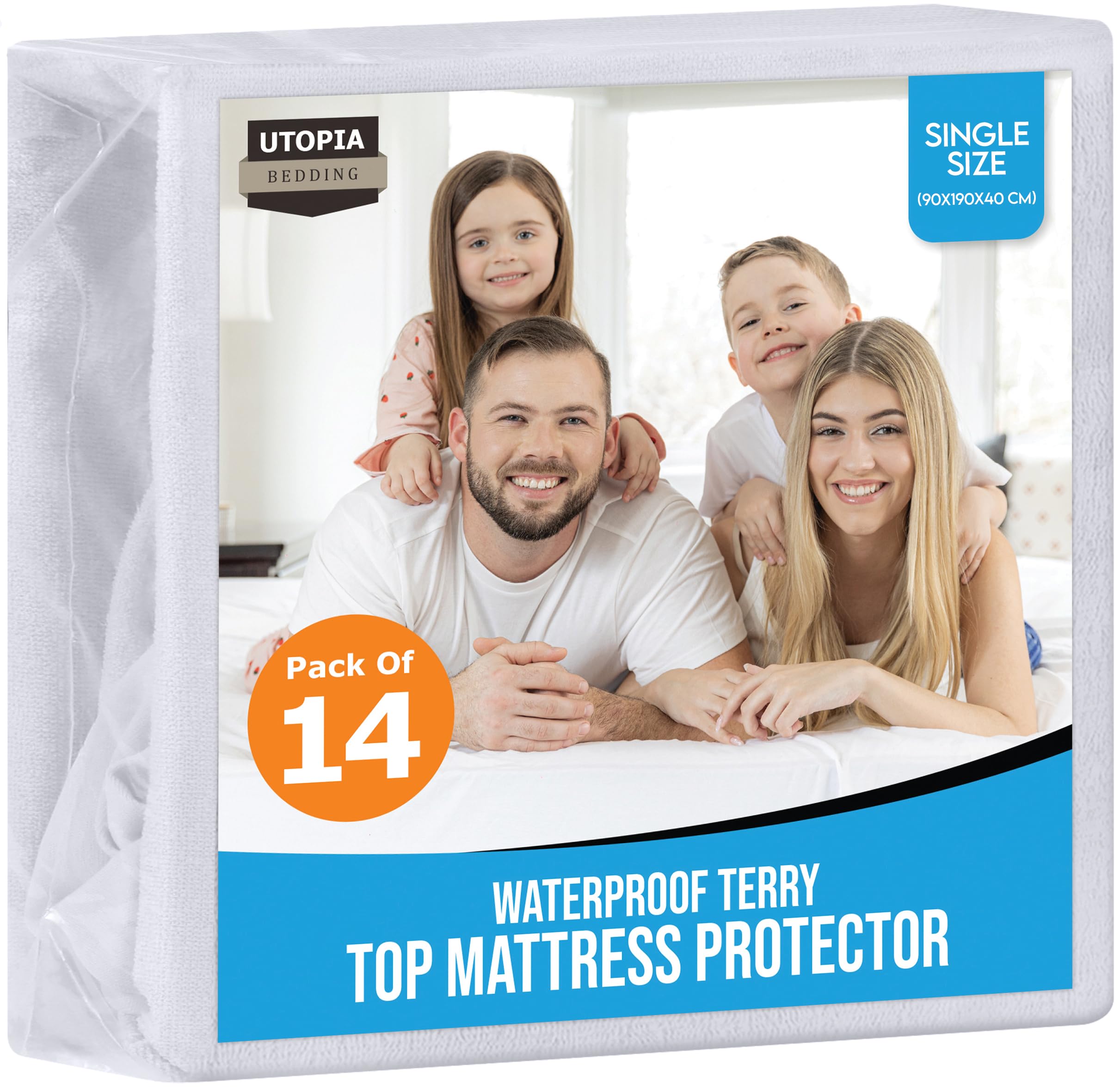Waterproof Mattress Protector Single Bed, 90 x 190 cm, (Pack of 14, White), Fits Up to 40 cm Deep Mattresses, Premium Terry Mattress Cover, All Around Elastic, Machine Washable by Utopia Bedding — image 1