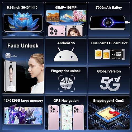 Miniatura 2 de SZV 17PROMA X 12+512GB Smartphone desbloqueado, pantalla HD de 6.99 pulgadas, batería Android 15, 7000 mAh, teléfono desbloqueado, identificación