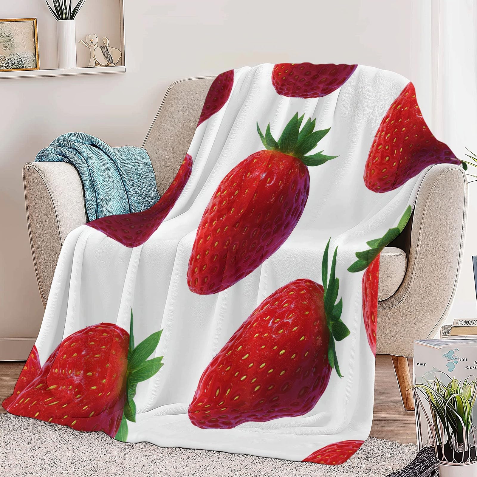 Puszysty minimalizm, flanelowy koc na sofę, łóżko, krzesło, miękka trawa owocowa, jagody, rośliny, pościel, 220 x 240 cm, dekoracyjny, ultramiękki koc na łóżko, dla dzieci, nastolatków, dorosłych, 220