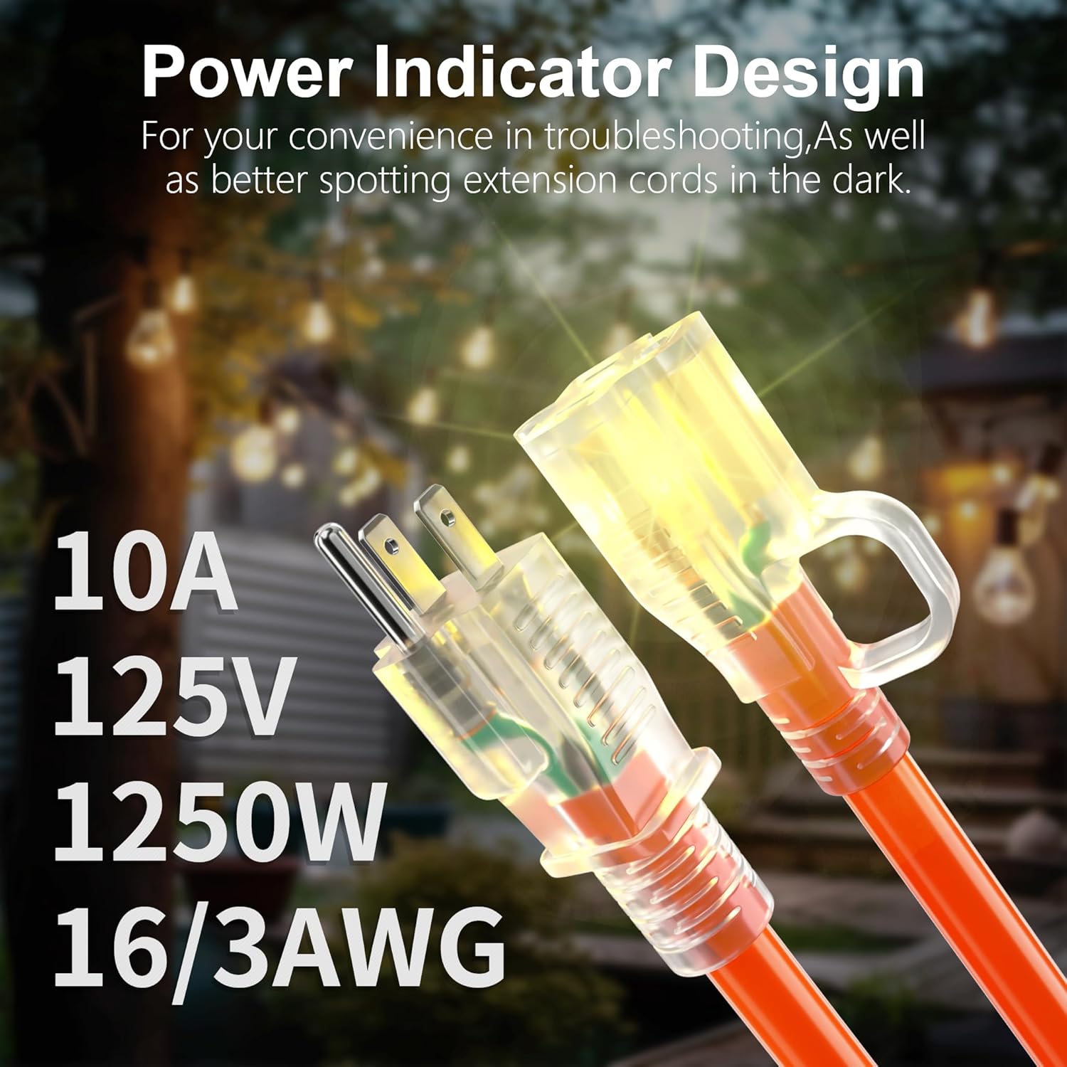 HUANCHAIN 16/3 100 ft Outdoor Extension Cord Waterproof with Lighted End, Flexible Cold-Resistant 3 Prong Electric Cord Outside, 10A 1250W 125V 16AWG SJTW, Orange, ETL Listed