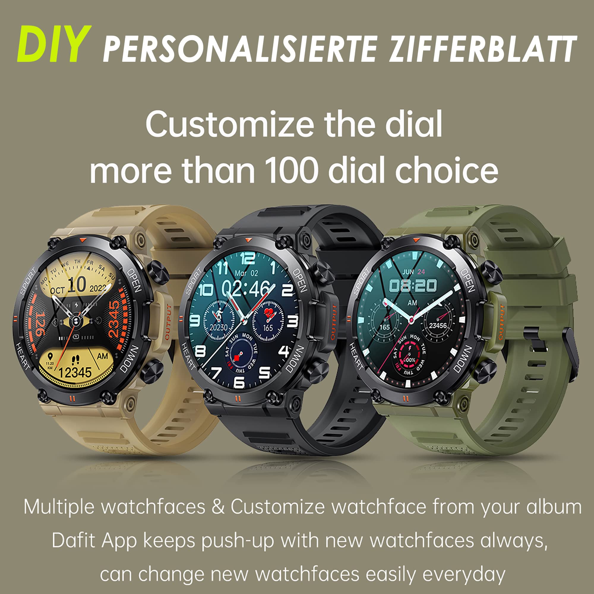 Militär Uhr Smartwatch Blutdruck Herren Armbanduhr Smartwatches mit Telefonfunktion IP68 Wasserdicht Sportuhren Outdoor Tactical Watch Military Schwarz Fitnessuhr für Männer Ios Android Schrittzähler