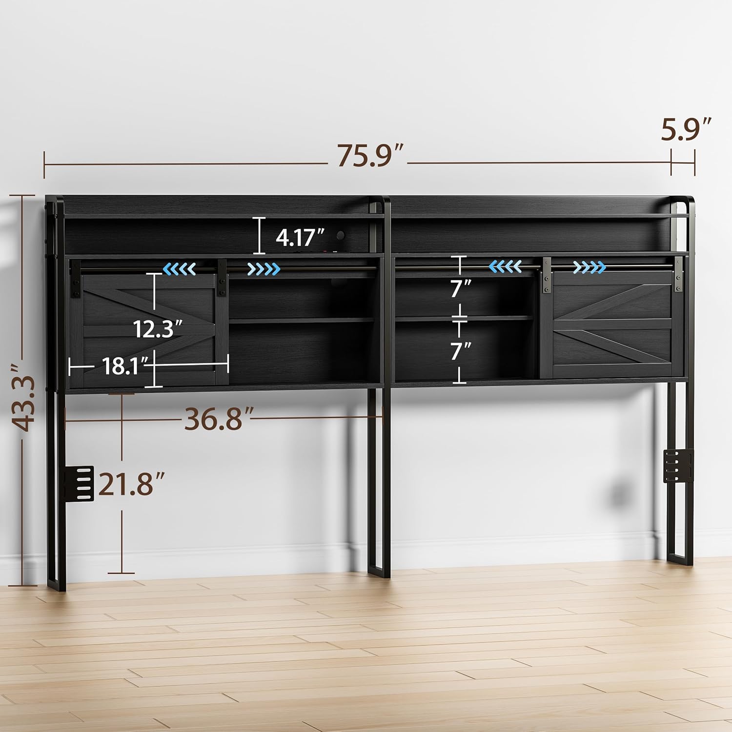 wanan King Size Headboard with Storage, 3 Tier, Outlets, USB Ports, LED Light, Sliding Barn Doors, Width Adjustable, Rustic Black