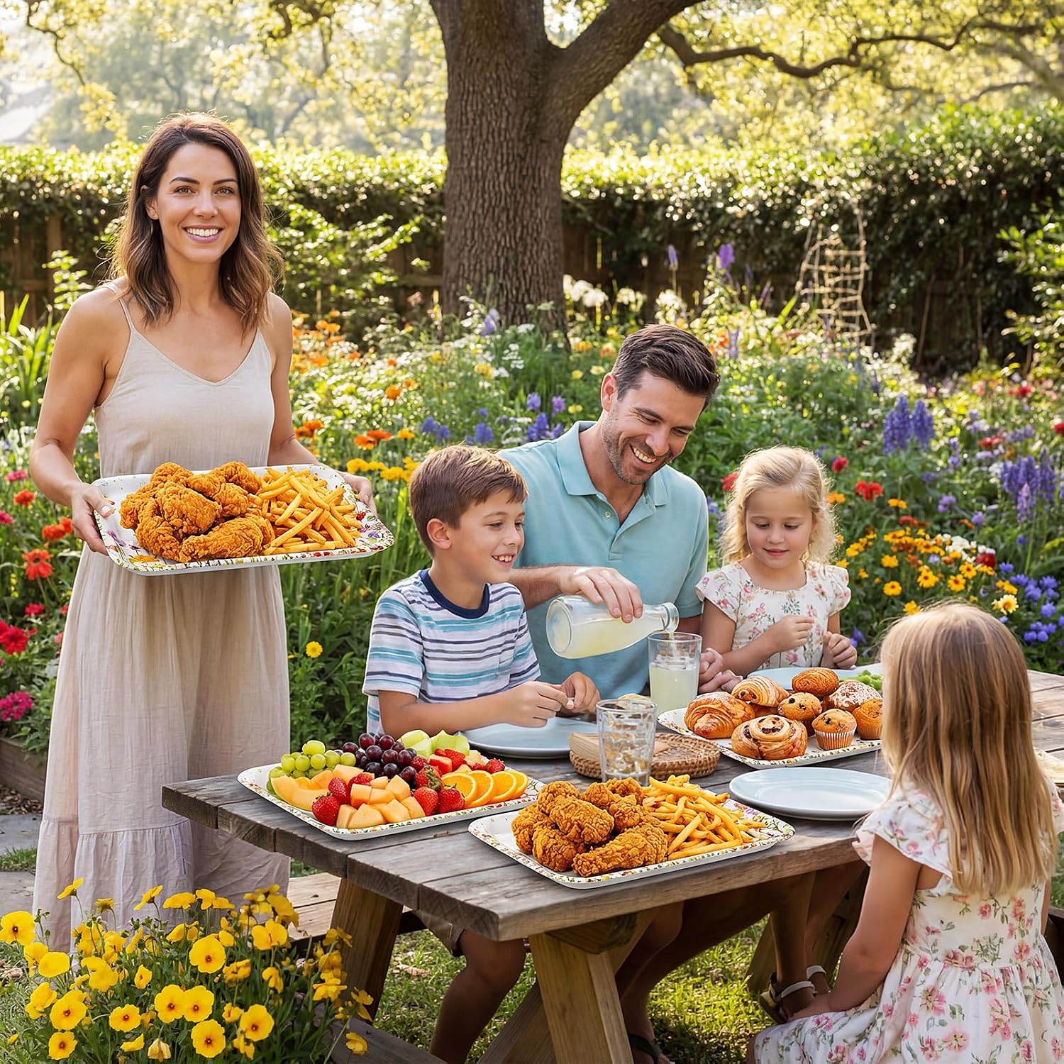 4 Pieces Wildflower Serving Trays Flower Melamine Platters Reusable Rectangle Party Trays for Spring Summer Floral Theme Party Food Dessert Serving Supplies, 13 x 9.7 inch