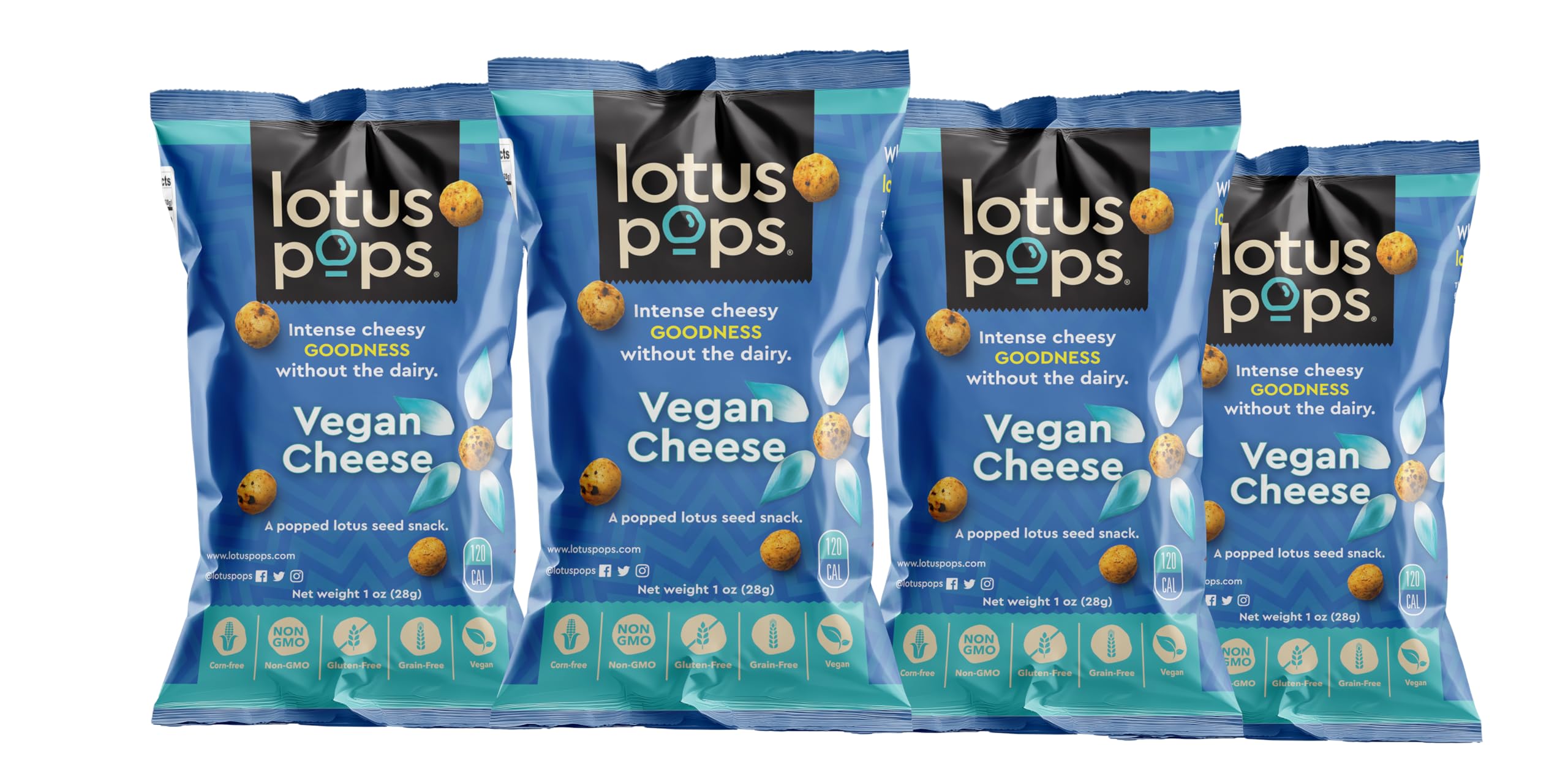 Lotus Pops - Popped Lotus (Water Lily) Seed Snacks â€“ Low Calorie Gluten Free and Vegan Snacks | Plant Protein | Roasted Not-Fried | Paleo | GrainFree | Non GMO Certified | (Vegan Cheese 4 1oz Packs)