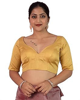 Women's Dupion Raw Silk Half Elbow Sleeves Sweetheart V Neck Sabyasachi Cut Readymade Saree Blouse Padded Stitched Lining Designer Indian Festive Blouse | S10