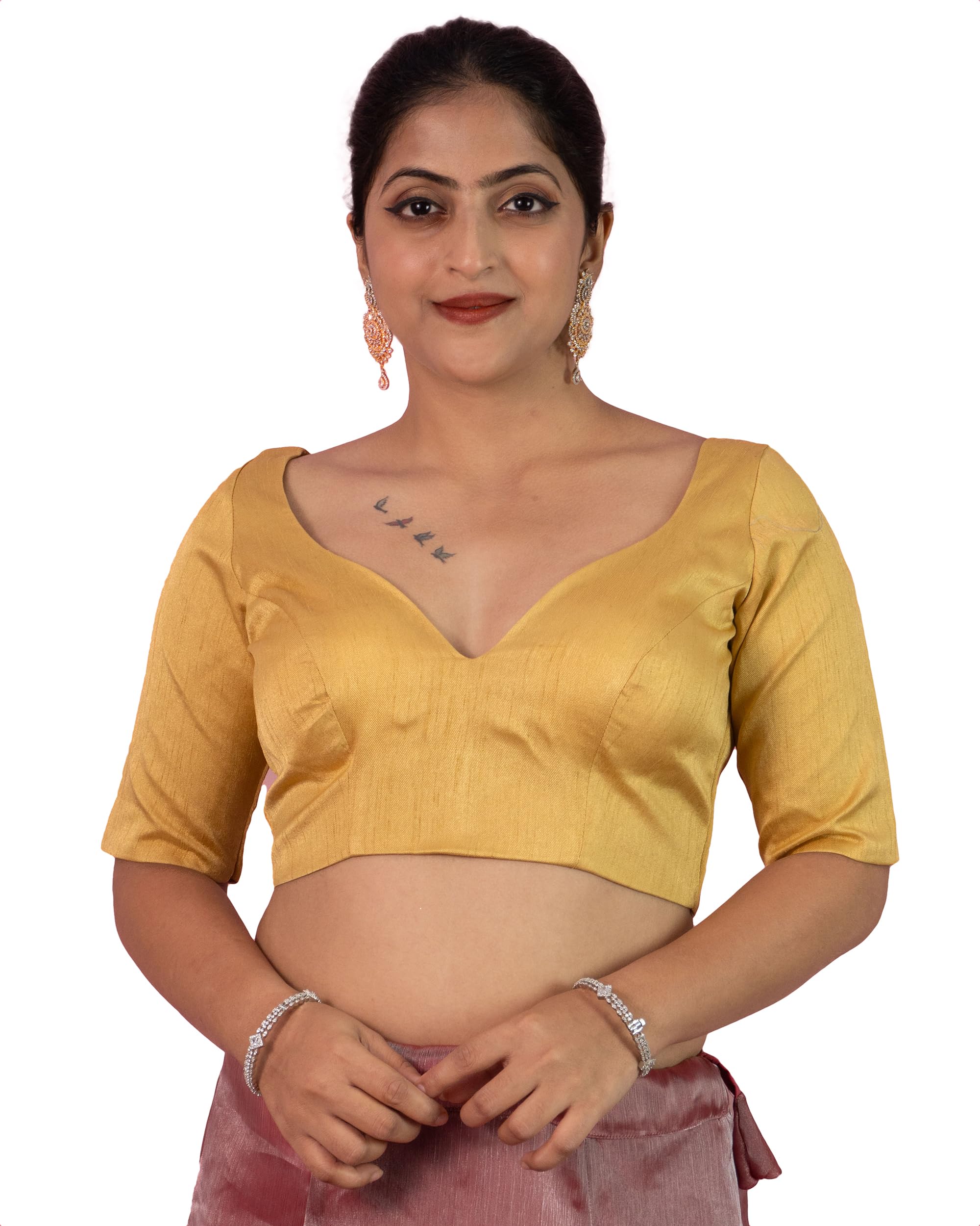 Women's Dupion Raw Silk Half Elbow Sleeves Sweetheart V Neck Sabyasachi Cut Readymade Saree Blouse Padded Stitched Lining Designer Indian Festive Blouse | S10