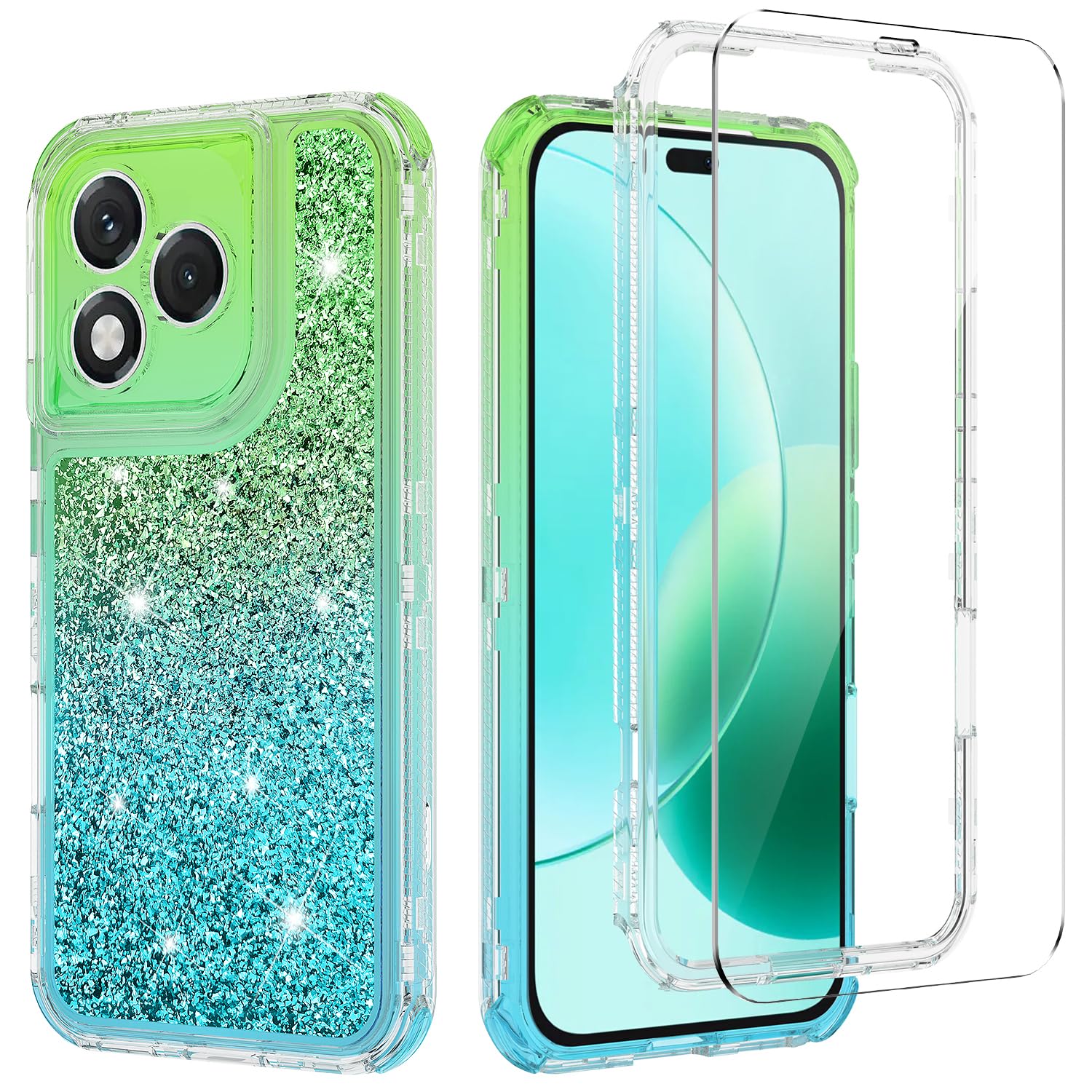 XRCS 2 In 1 Glitter Case For Honor 400 Lite 5G Case With Tempered Glass Screen Protector, Bumper Anti-Scratch Sparkle Bling 360 Full Body Shockproof - View #9