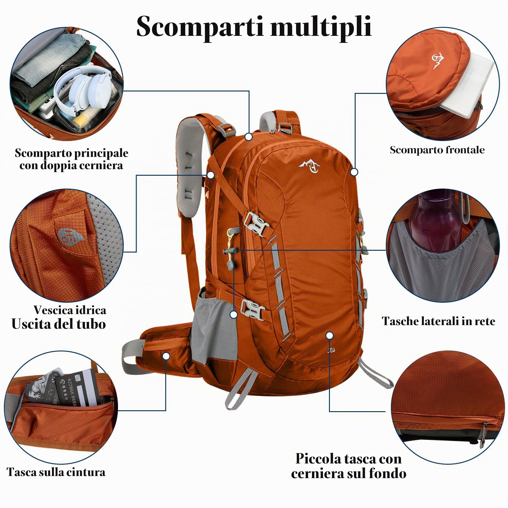 Long Keeper Zaino Trekking - Impermeabile 40L Campeggio Zainetto con Copri Pioggia Leggero Zaino Montagna Zaino di Sport Esterno per Arrampicata Sci Ciclismo Viaggi