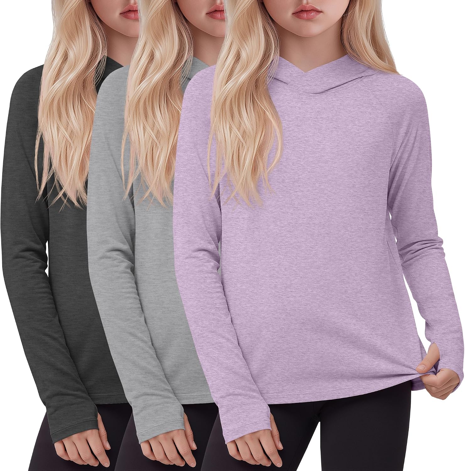 Yooo's Vivi 3 Pack Girls Hoodies with Thumb Holes | Girls' Athletic Hoodies, Lightweight Long Sleeve Pullover Tops, Workout Hooded Sweatshirts, School Sport Casual Clothes 5-14Y