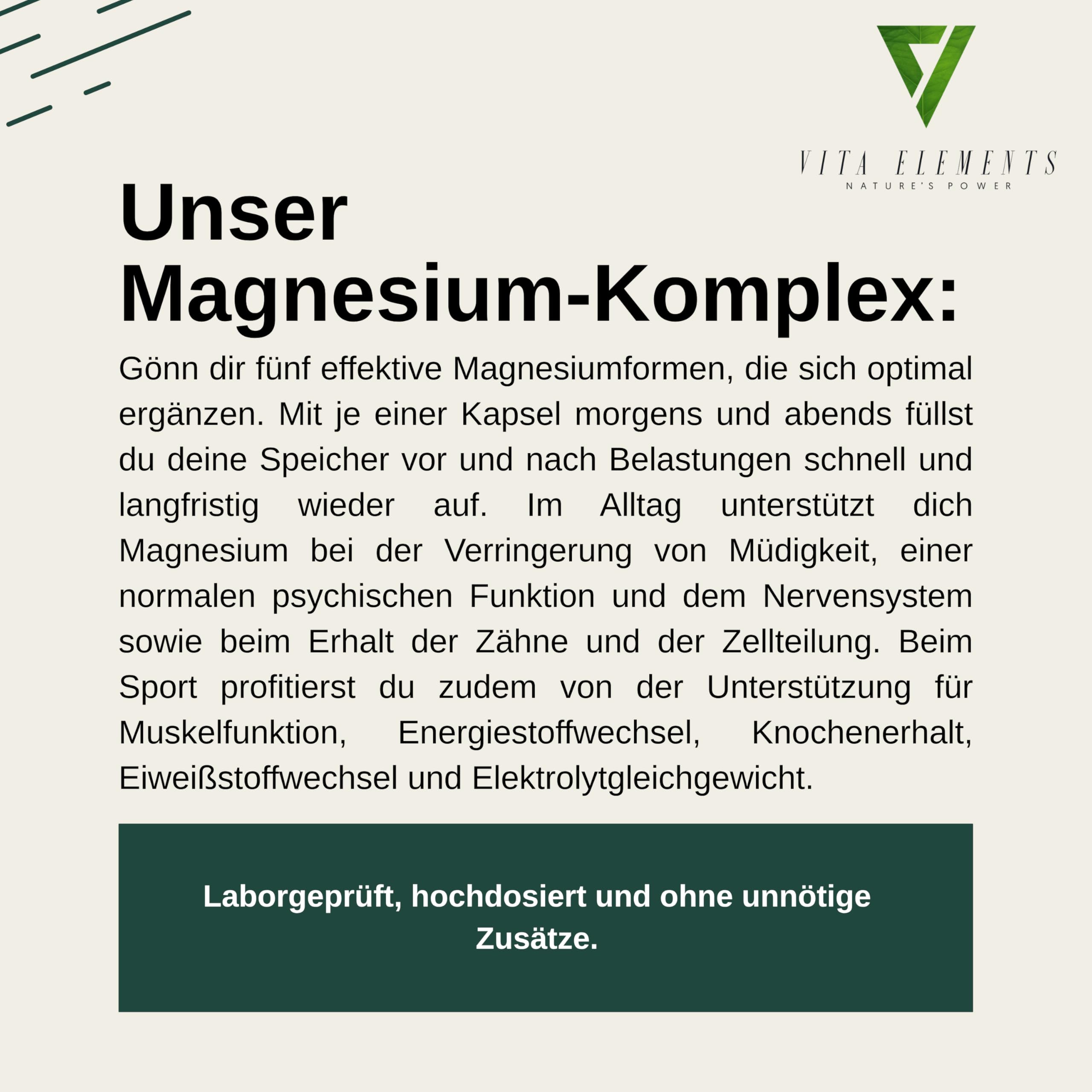 Vita Elements Magnesium Komplex - 400mg Magnesium - 5 Formen: Bisglycinat, Citrat, Malat, Ascorbat, Oxid - 180 Kapseln - 3 Monate Vorrat - Vegan, Hochdosiert