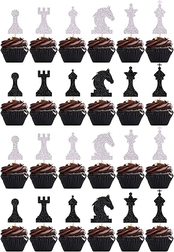 24 piezas de siluetas de ajedrez internacional con purpurina negra y blanca, decoración de fiesta de ajedrez, decoración de fiesta de ajedrez,