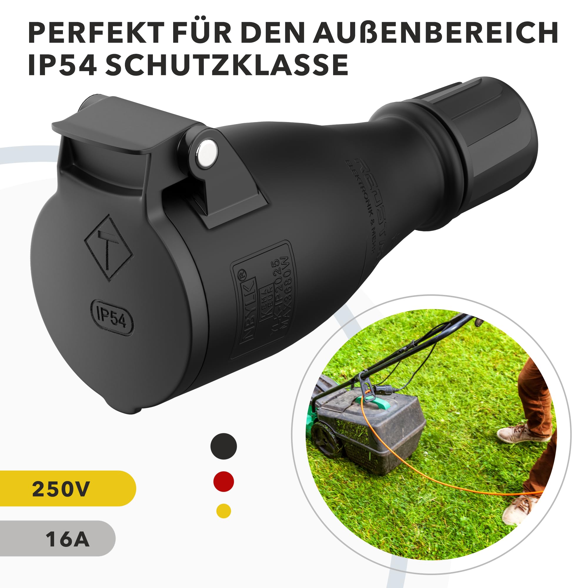 Presa Schuko in gomma con giunto IP54 | Gomma e plastica nero e rosso | Per esterni | Copertura a molla automatica, utilizzo con una mano | Per uso commerciale/cantieri (1 pezzo