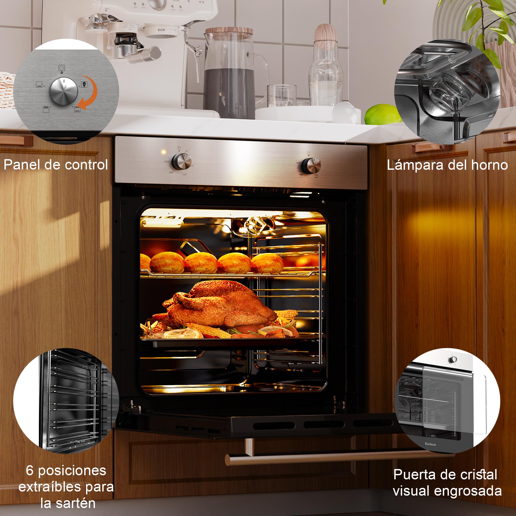 Horno Empotrable 65L Plata con Mando Giratorio, 60 * 60cm, 4 Programas