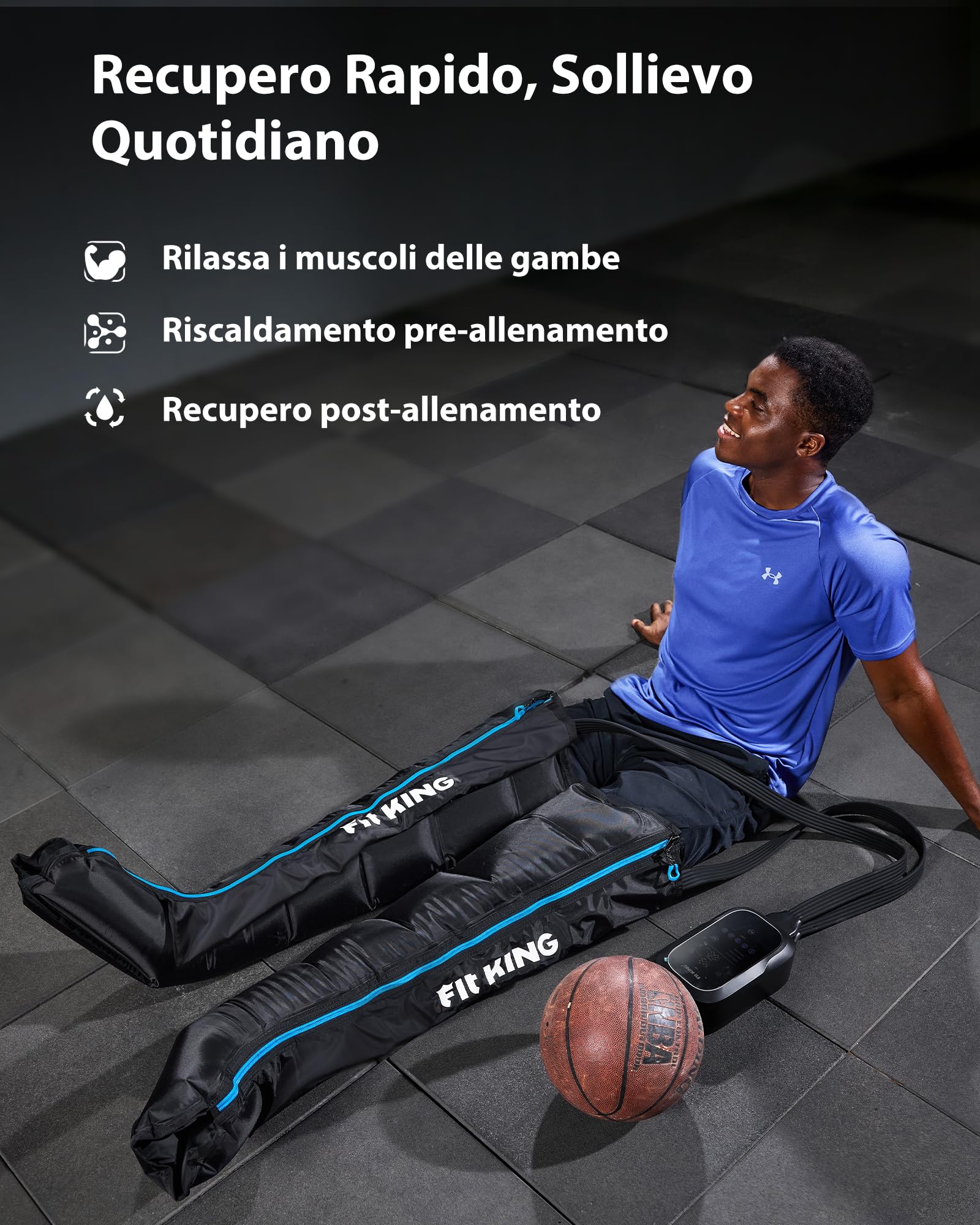 FIT KING Massaggiatore Gambe a Compressione d‘Aria Ricaricabile, Massaggio 5 Zone Regolabili con 3 Modalità e 11 Intensità, Ideale per Recupero Sportivo e Relax Quotidiano (S)