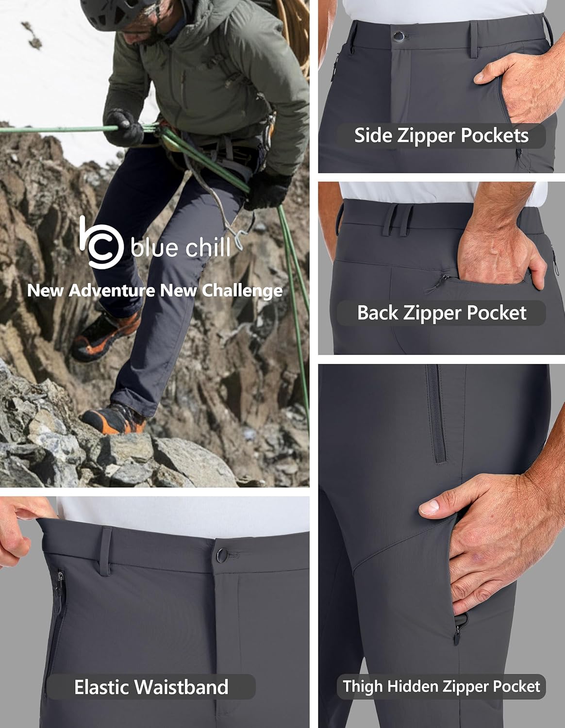BLUE CHILL Mens Hiking Pants Lightweight Outdoor Quick Dry Waterproof Travel Pants with 4 Zipper Pockets - Image 5