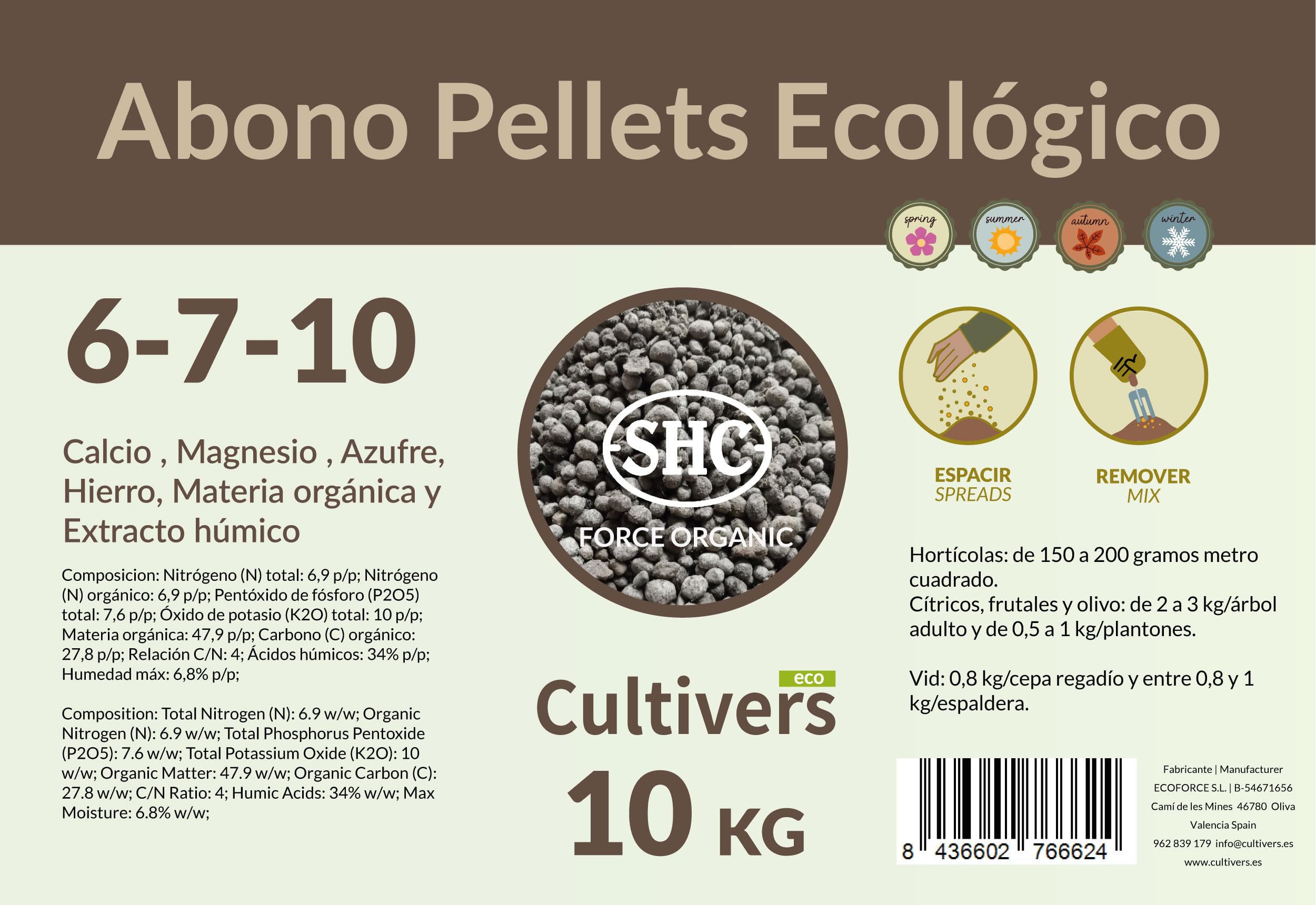 CULTIVERS Abono Pellets Plantas Ecológico 25 kg granulado Universal NPK 6-7-10 con Calcio Micros Materia Orgánica Húmicos para Huerto y Jardín Fertilizante Orgánico Natural para Cultivos (25 kg)