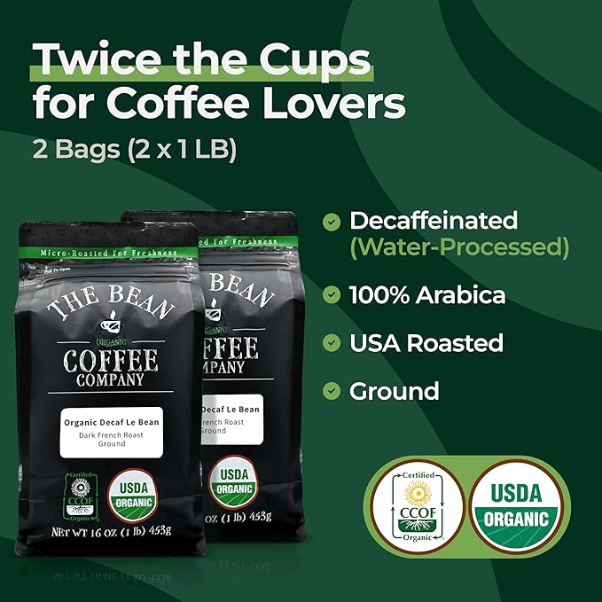 The Bean Organic Coffee Company Water Processed DECAF Le Bean is a decaffeinated coffee option that comes in a 16-ounce bag, and is available in a pack of two. The coffee is ground and is a dark French roast, offering a rich and bold flavor profile that is perfect for those who enjoy a strong cup of coffee without the caffeine.