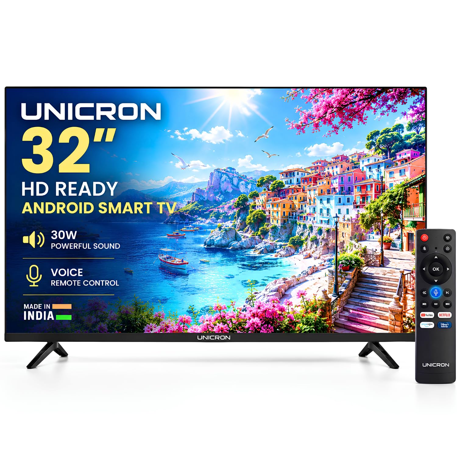 unicron 32 inch android smart tv, voice control remote hd ready led television with wifi, 30w sound with premium frameless design, built in apps compatible
