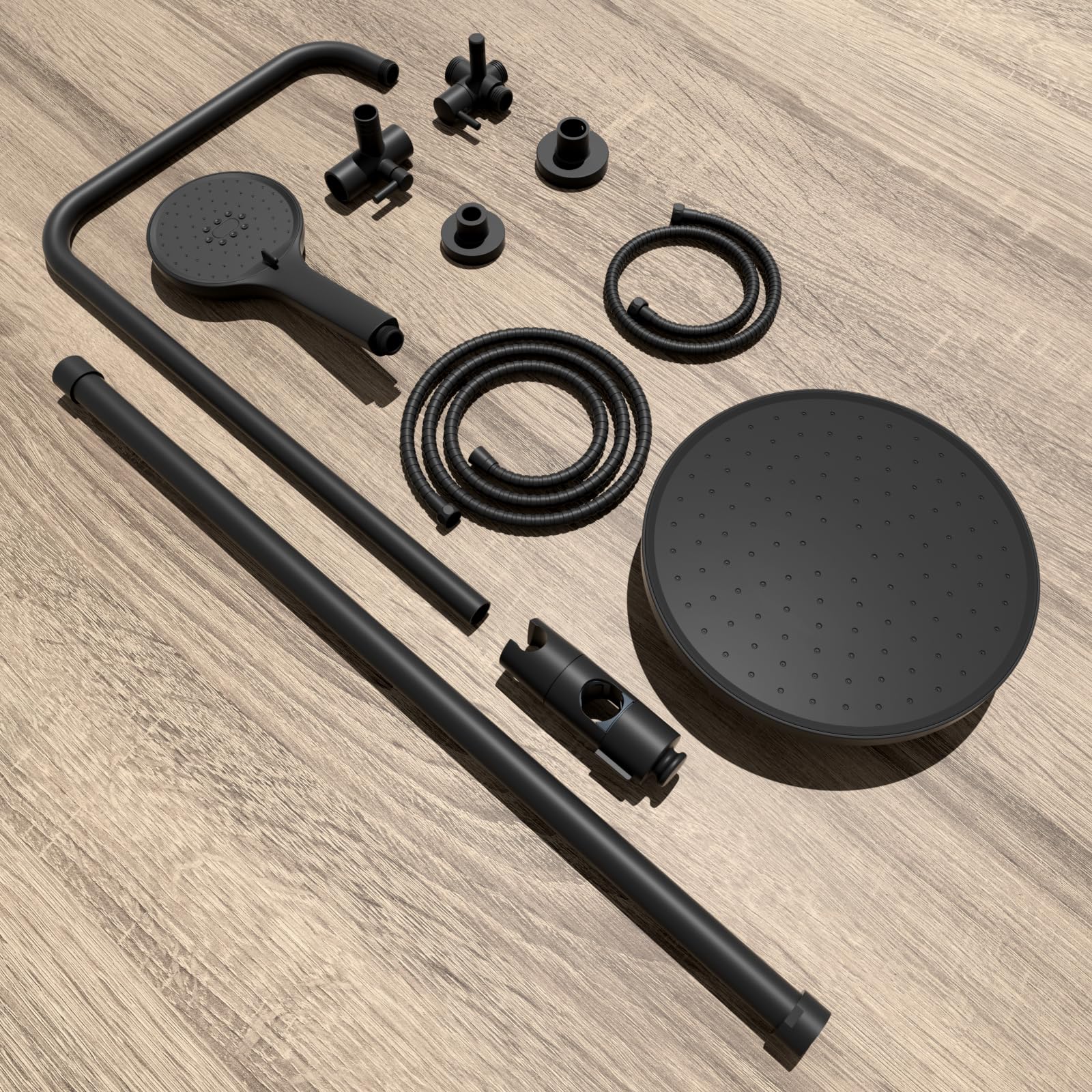 Hibbent Mélangeur de Douche Auto-Nettoyant, Système de Robinet de Douche Rond en Acier Inoxydable avec Tuyau, Pommeau de Douche et Douchette ABS,Noir | Pommeau de douche à 3 jets avec rail en acier inoxydable (304), réglable en hauteur, avec inverseur en