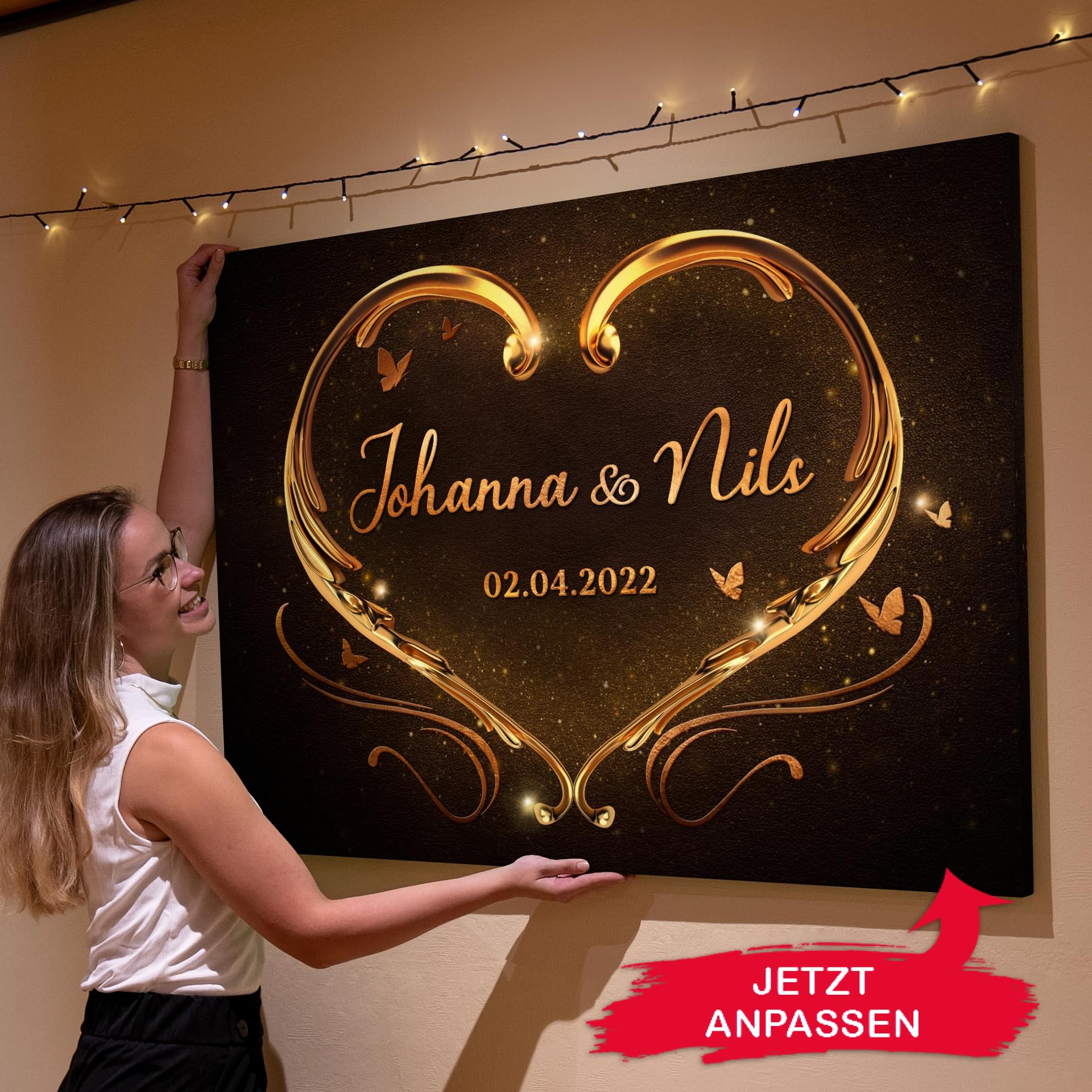Liebesleinwand | Leinwand mit Namen und Datum | Wandbild gestalten, Jahrestag Geschenk für Frauen und Männer | Goldenes Herz