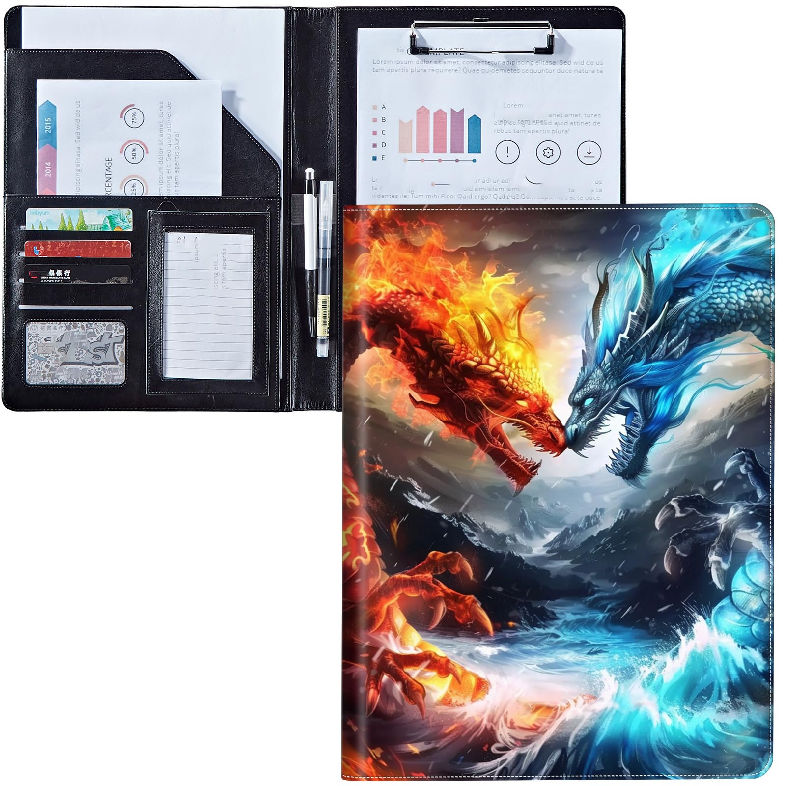 Padfolio Clipboard Folder Portfolio Notepad Organizer, PU Leather Interview Resume Folder,with Business Card Holder/Letter A4 and Writing Pad/Mobile Phone Storage Pocket,Two Dragon