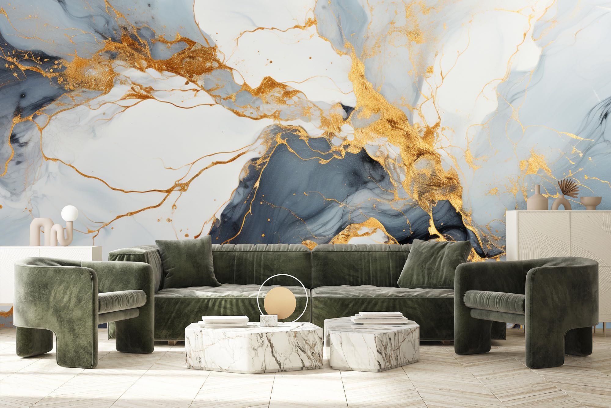 Muralo Papel Pintado en TNT 3D, Azul Gris Mármol - 400x280 cm